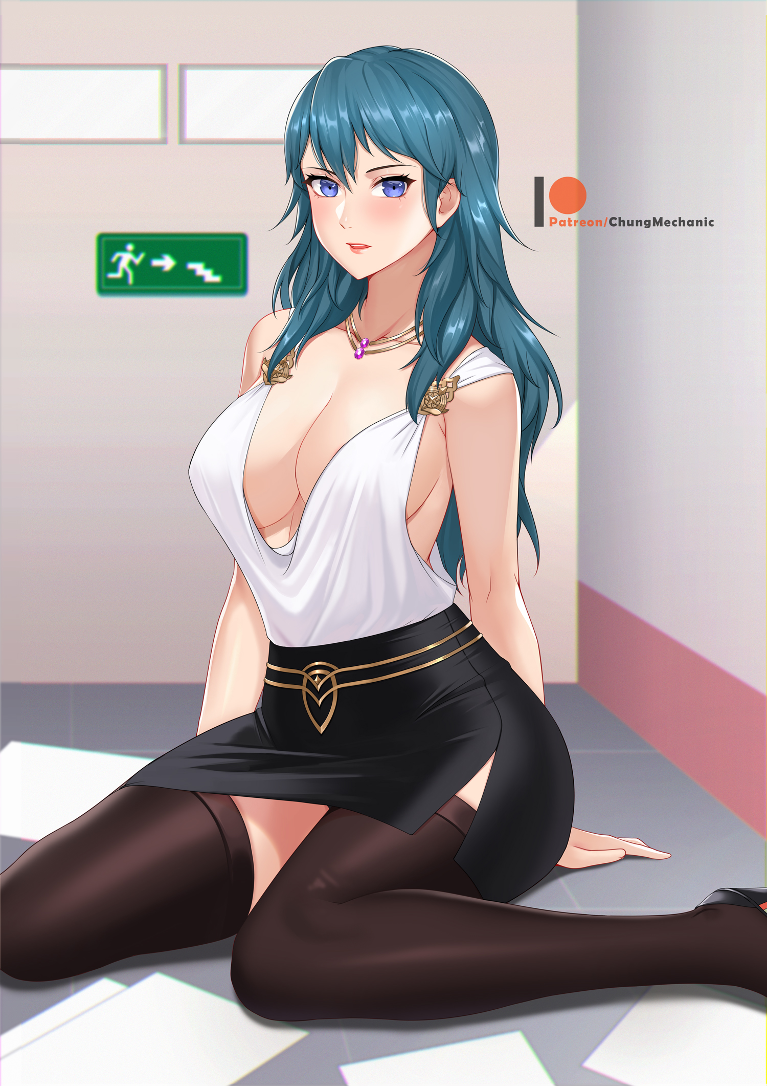 1girls, black legwear, black skirt, black stockings, blouse, blue eyes, breasts, byleth (fire emblem), byleth (fire emblem) (female), chungmechanic, cleavage, contemporary, feet out of frame, female, fire emblem, fire emblem: three houses, green hair, high heels, highres, indoors, jewelry, large breasts, legwear, long hair, looking at viewer, medium hair, necklace, nintendo, no bra, office lady, on floor, papers, pencil skirt, plunging neckline, secretary, sideboob, sitting, skirt, solo, solo female, stockings, thighhighs, tile floor, underboob, wariza, white blouse, white shirt