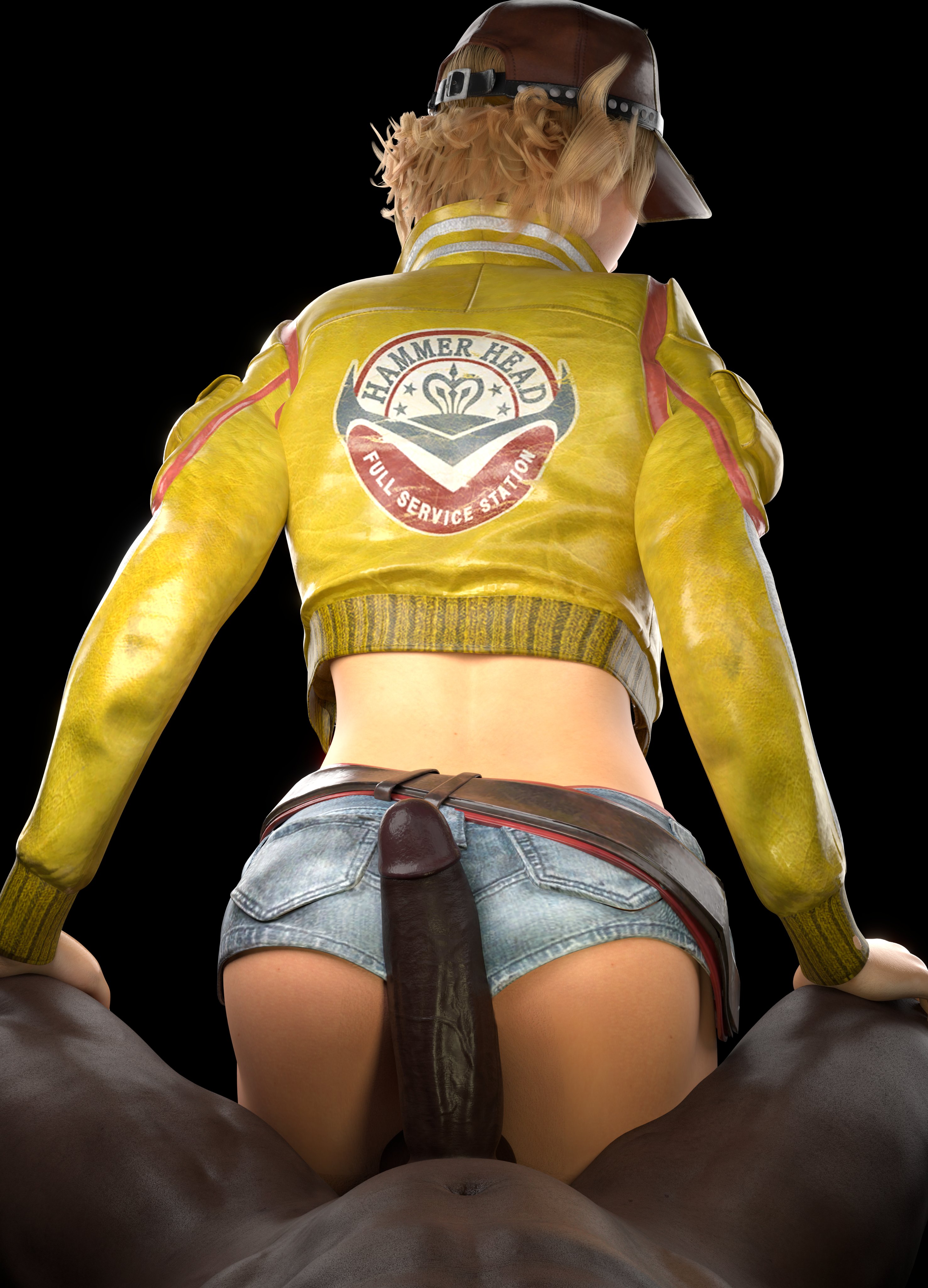 1boy, 1girls, 3d, ass, assjob, big penis, blonde hair, buttjob, cindy aurum, clothed female nude male, currysfm, dark skin, dark-skinned male, female, final fantasy, final fantasy xv, interracial, large penis, male, measuring penetration depth, penis, short hair