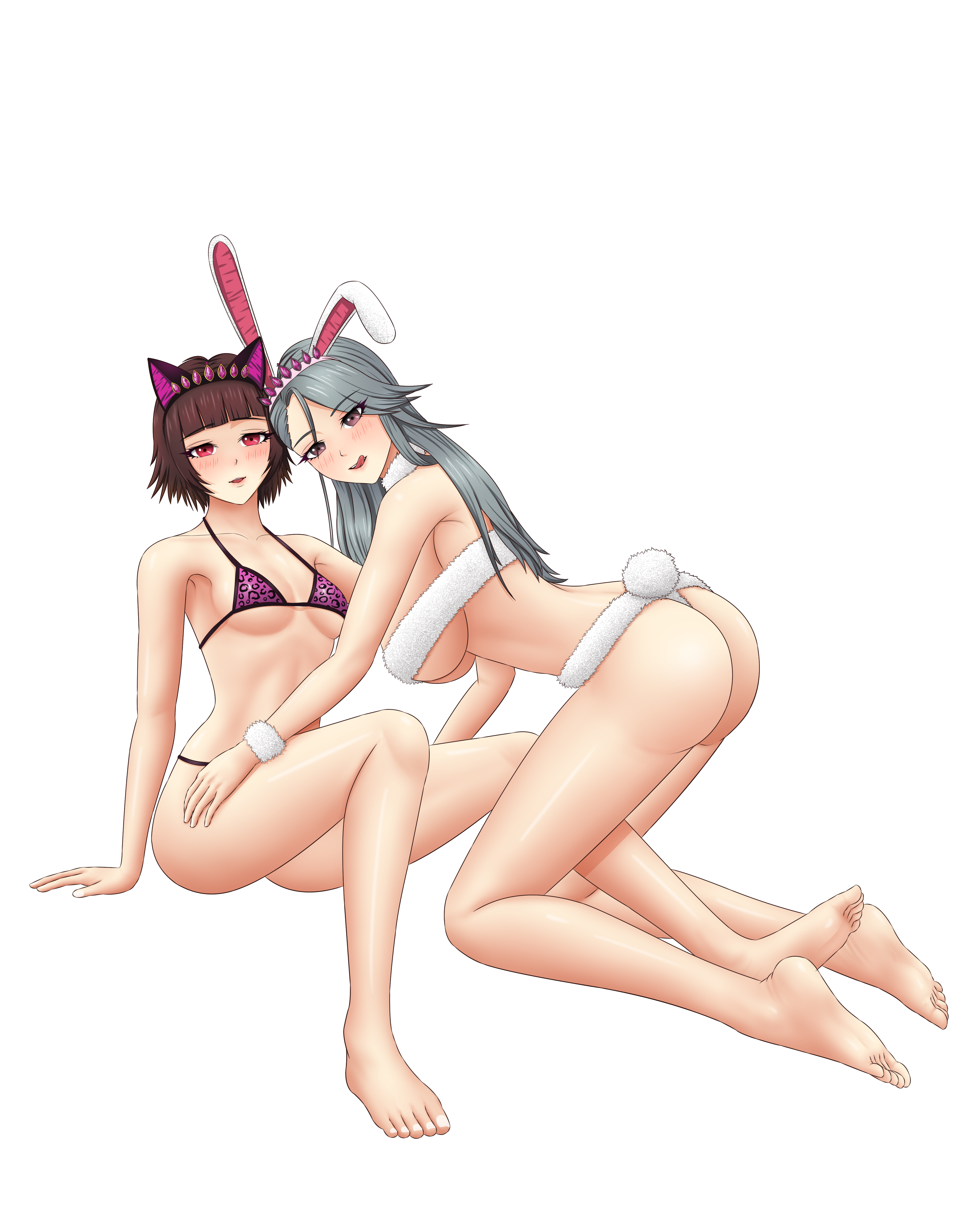 2girls, ann takamaki (cosplay), ass, blush, bunny ears, cat ears, commission, feet, female, hand on thigh, incest, lesbian incest, licking lips, looking at viewer, makoto niijima, persona, persona 5, sae niijima, shiho suzui (cosplay), sisters, sitting, toes, yuri, yuri incest