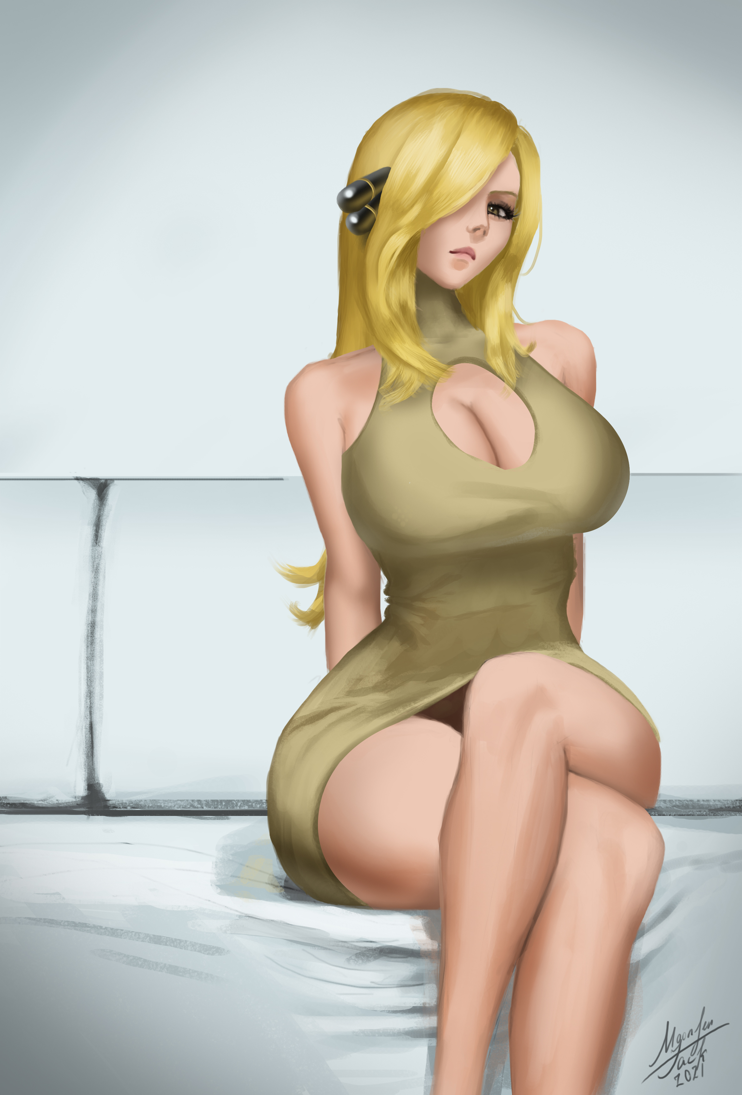 1girls, alternate breast size, big breasts, blonde hair, breasts, cleavage cutout, curvy figure, cynthia (pokemon), eye contact, female, hair ornament, huge breasts, light skin, light-skinned female, looking at viewer, mature female, moonlen-jack, nintendo, pokemon, pokemon dppt, sitting, solo, solo female, thick thighs
