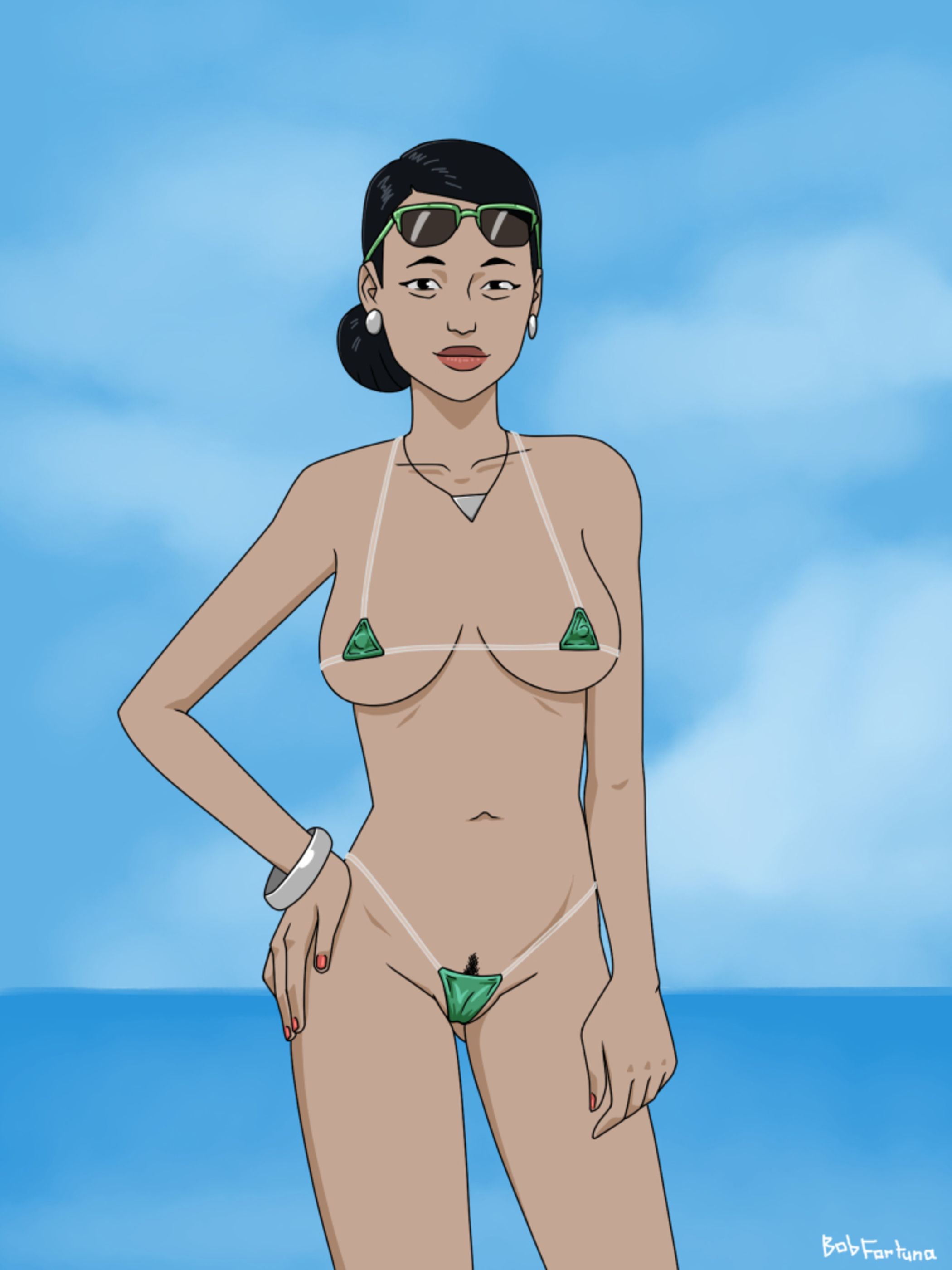 1girls, asian, asian female, black eyes, black hair, bob fortuna, bracelet, breasts, cleavage, debbie grayson, deborah grayson, ear piercing, earrings, fat mons, female, female focus, female only, female pubic hair, hair bun, hand on hip, image comics, invincible, light skin, light-skinned female, lipstick, looking at viewer, micro bikini, milf, nail polish, necklace, painted nails, pale skin, pale-skinned female, perky breasts, pubic hair, pubic hair peek, pussy, pussy hair, sideboob, small areola, small breasts, small nipples, smirk, smirking, solo, solo female, solo focus, sunglasses, sunglasses on head, tied hair, underboob