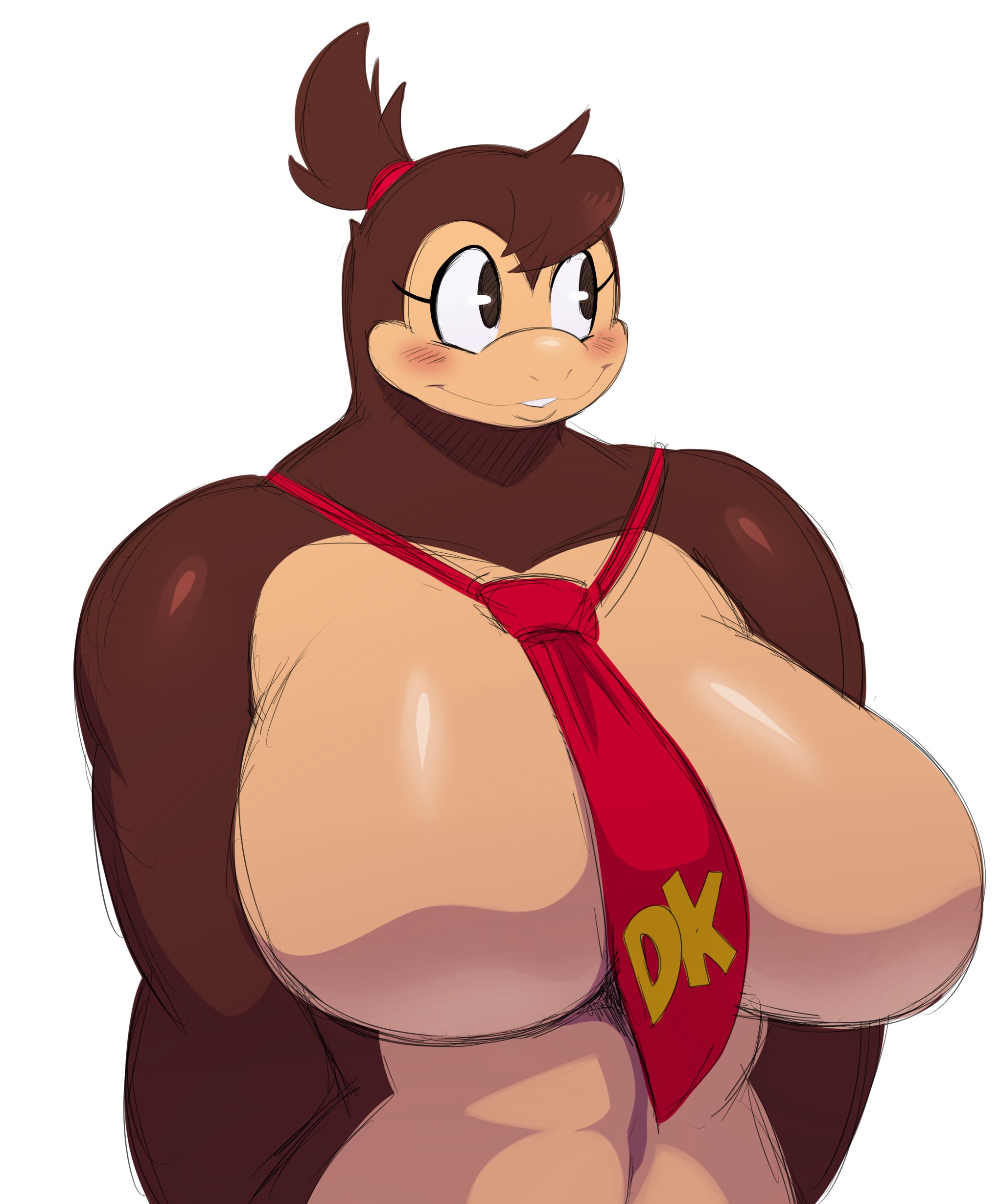 1girls, absurd res, anthro, ape, bare shoulders, big breasts, blush, breasts, brown body, brown eyes, brown fur, brown skin, donkey kong, donkey kong (series), eyelashes, featureless breasts, female, female only, fur, furry, furry only, genderswap, genderswap (mtf), gorilla, hair, haplorhine, hi res, huge breasts, large breasts, mammal, mostly nude, mtf crossgender, muscular, muscular anthro, muscular female, naked, necktie, nintendo, no nipples, nude, nude female, ponytail, primate, rule 63, simple background, smile, solo, solo female, sssonic2, standing, straight, super smash bros., super smash bros. ultimate, video games, voluptuous, white background