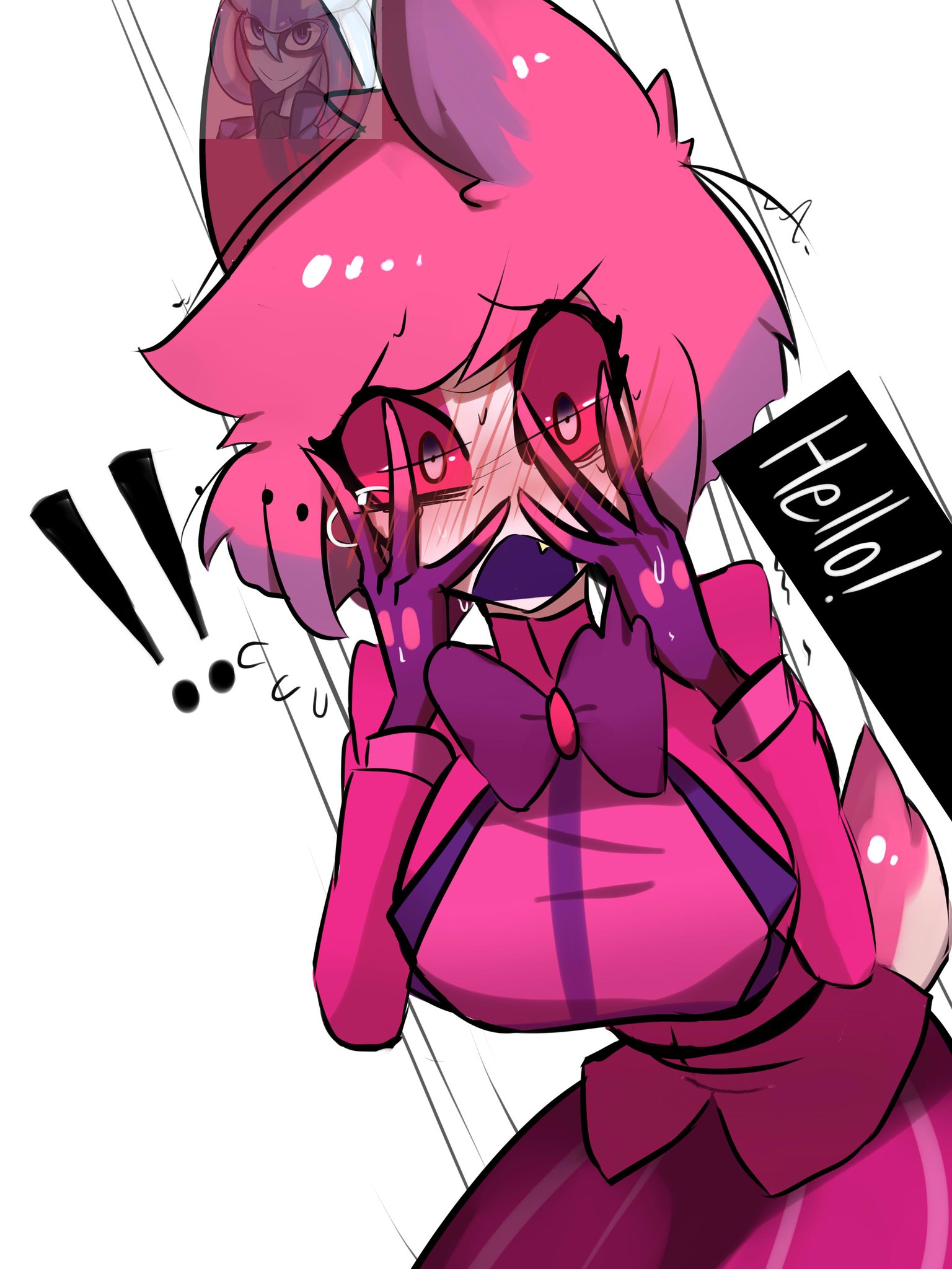 1boy, 1girls, alastor (hazbin hotel), alastoria (hazbin hotel), big breasts, breasts, censored, female, female alastor, hazbin hotel, male, rule 63, smooth skin, tagme, usagi star, vivienne medrano, white background