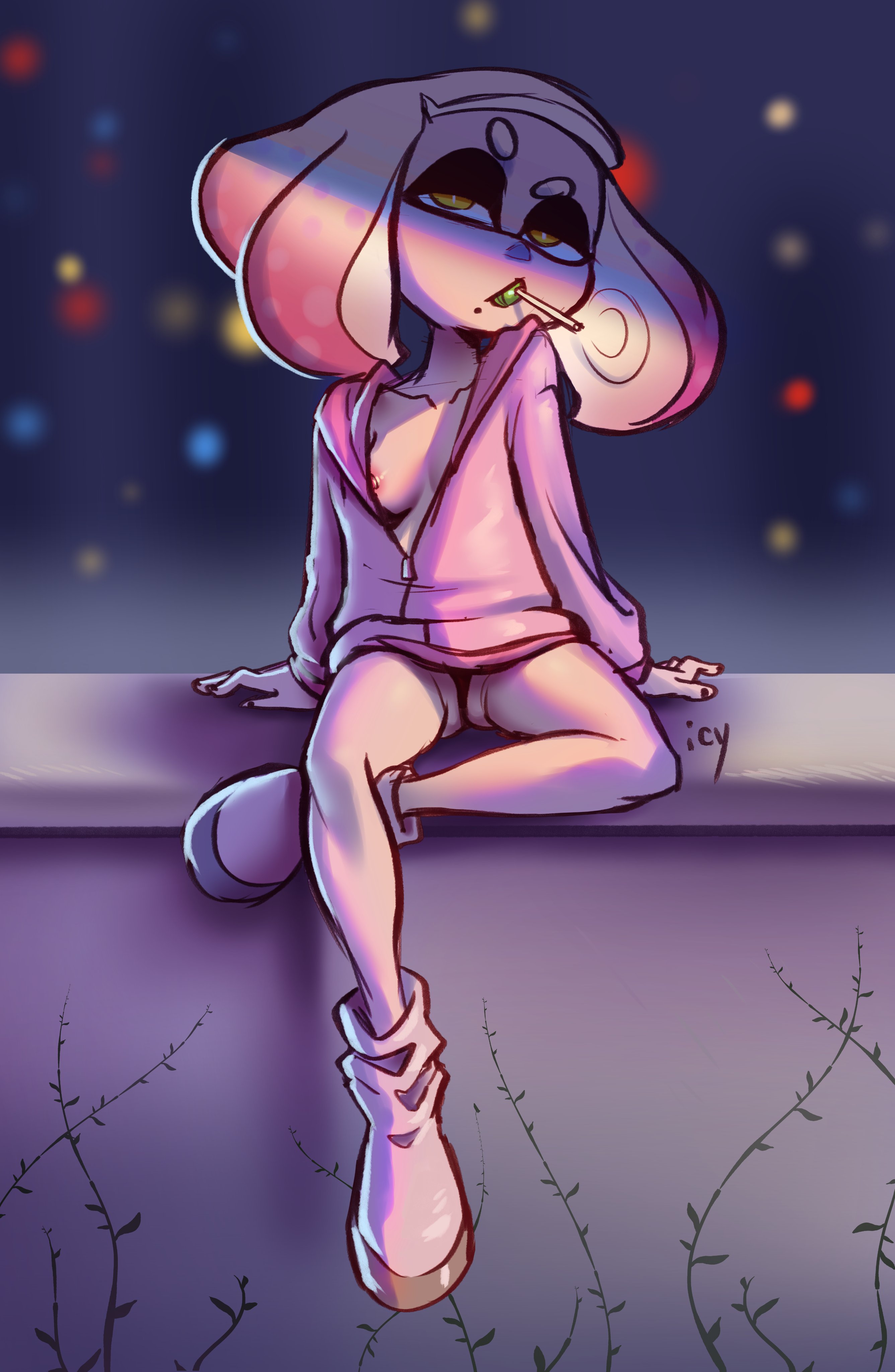 1girls, boots, breasts, female, female only, hoodie, inkling, iseenudepeople, lolipop, lollipop, nintendo, nipple slip, panties, pearl (splatoon), sitting, solo, solo female, splatoon, splatoon 2, tease, yellow eyes, zipper down