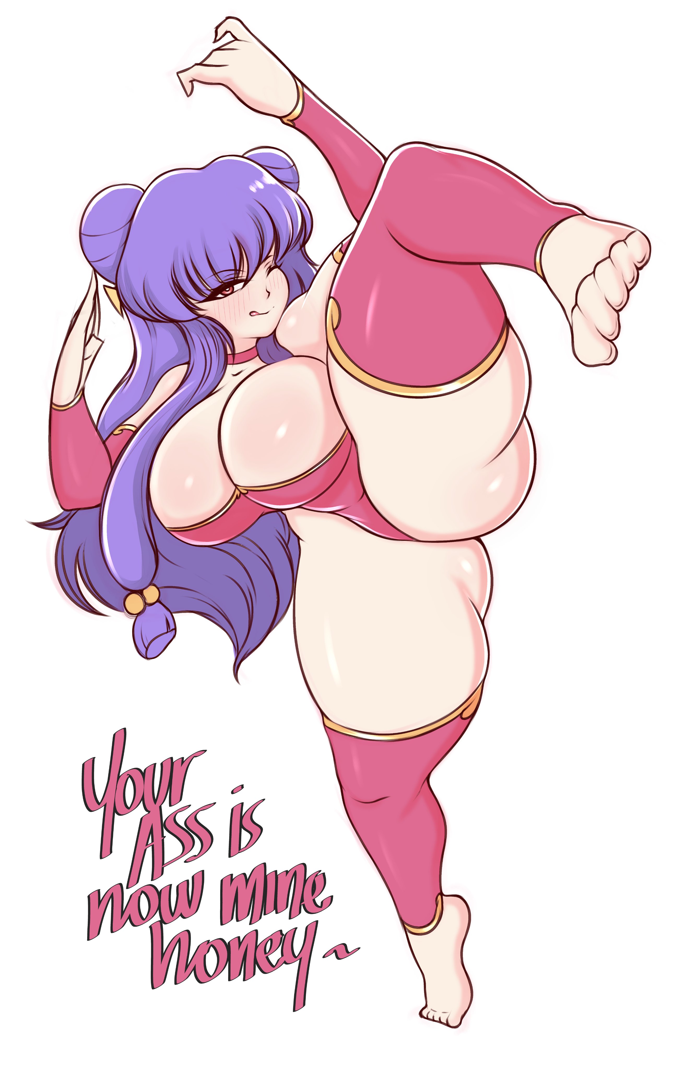 1girls, ass, ass visible through thighs, big ass, big breasts, big butt, blue hair, breasts, choker, clothed, clothing, female, female focus, female only, fighting stance, large breasts, leg lift, legs up, light skin, light-skinned female, long hair, pink eyes, pose, ranma 1/2, saltyxodium, shampoo (ranma 1/2), stockings, text, thick thighs, thighs, tongue, tongue out, white background, wink, winking, winking at viewer