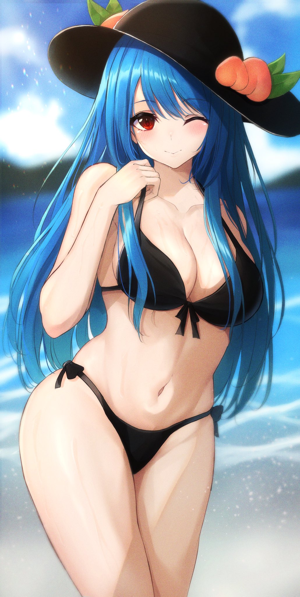 beach, bikini, black bikini, blue hair, breasts, female, hat, large breasts, long hair, red eyes, swimsuit, tenshi hinanawi, thighs, touhou, water