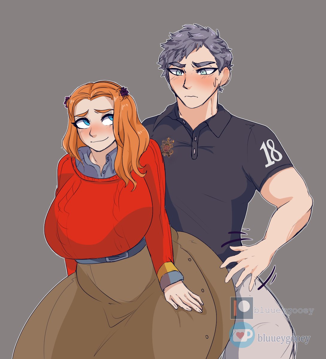 1boy 1boy1girl 1girls alternate_breast_size big_ass big_breasts big_thighs blush bluueygooey diana_(zero_escape) flustered huge_ass large_breasts massive_ass orange_hair round_ass sigma sigma_klim thighs zero_escape zero_time_dilemma