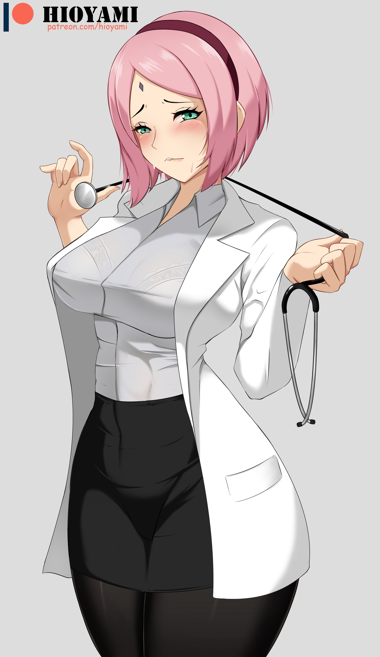 1girls, artist name, big breasts, blush, boruto: naruto next generations, bra visible through clothes, breasts, chin length hair, cropped legs, curvy figure, eye contact, female, hioyami, labcoat, lace-trimmed bra, legs together, looking at viewer, naruto, naruto (series), pantyhose, patreon username, pink hair, sakura haruno, short hair, skirt, solo, standing, thick thighs, wide hips
