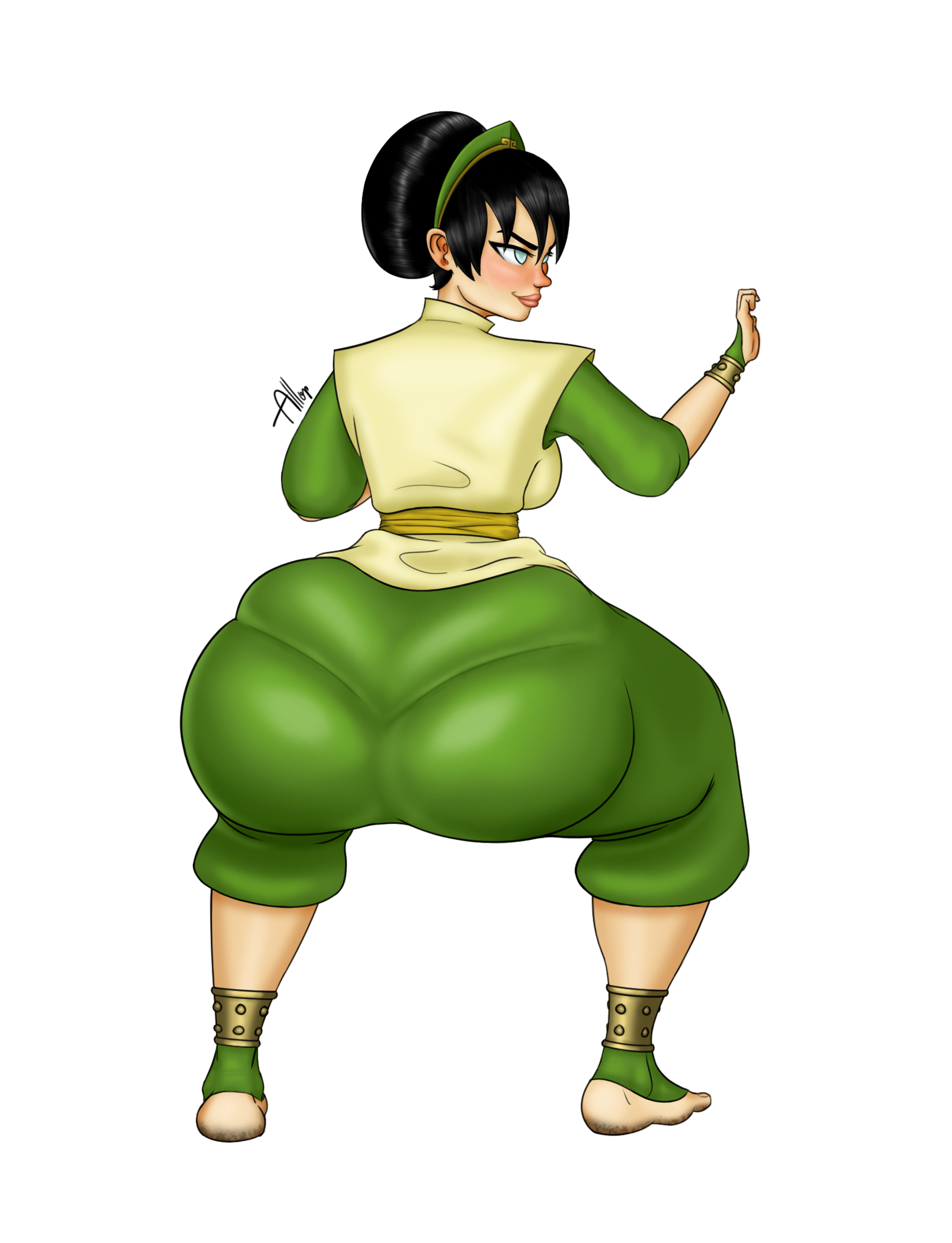 1girls, allop, ass, ass focus, avatar the last airbender, big ass, big butt, clothed, clothing, dark hair, feet, female, female only, full body, fully clothed, huge ass, huge butt, pale skin, pantylines, pinup, presenting hindquarters, solo, squat, squatting, thick ass, toph bei fong, white background