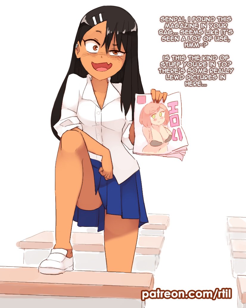 1girls, alternate breast size, blush, bra, breasts, brown eyes, cleavage, clothed, earrings, female, female only, green eyes, hands behind back, hayase nagatoro, large breasts, looking at viewer, magazine, one eye half-closed, one leg up, open mouth, please don't bully me, nagatoro, porn magazine, raised eyebrow, rtil, school desk, school uniform, shirt, skirt, smile, solo, tan, text