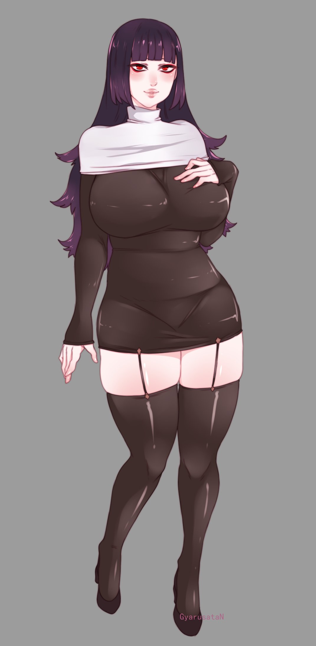 1girls, bangs, big breasts, black hair, black thighhighs, blush, breasts, clothing, female, female only, garter straps, grey background, gyarusatan, haasha (gyarusatan), heels, hi res, high heels, long hair, looking at viewer, original, original character, red eyes, shoes, solo, solo female, thigh squish, thighhighs, tight clothing
