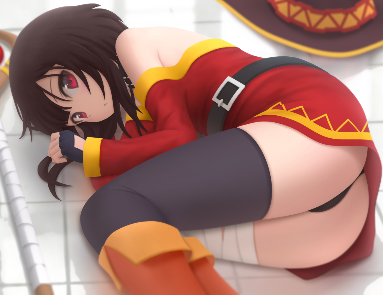 1girls, ass, asymmetrical legwear, bandaged leg, bandages, bangs, belt, black choker, black gloves, black legwear, black panties, black underwear, blush, breasts, choker, dress, female, fingerless gloves, gloves, kono subarashii sekai ni shukufuku wo!, long sleeves, looking at viewer, lying, megumin, mismatched legwear, on side, open mouth, pantsu, red dress, red eyes, short hair with long locks, single thighhigh, siraha, small breasts, thighhighs, thighs, underwear