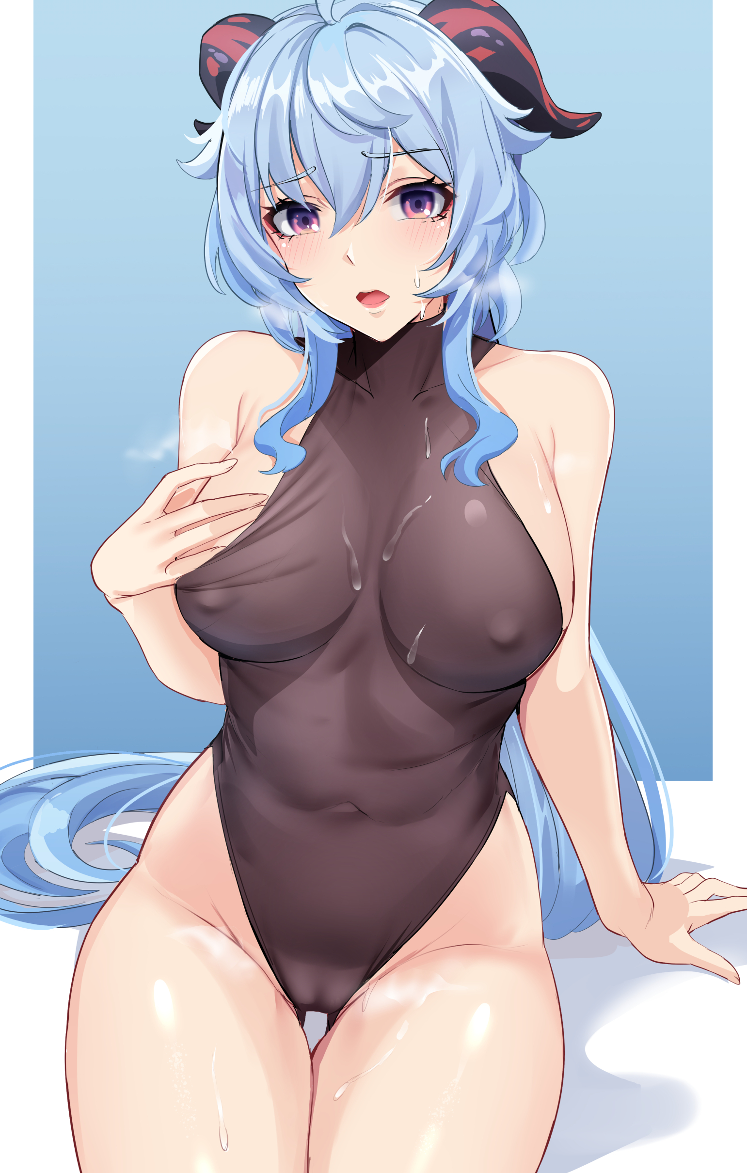 1girls, blue hair, blush, bodysuit, breasts, female, female only, ganyu (genshin impact), genshin impact, horn, horns, leotard, long hair, medium breasts, navel, nipple bulge, purple eyes, solo, steam, sweat, thick thighs, thigh gap, tight clothing