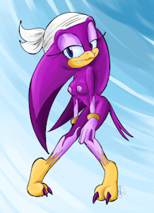 1girls anthro beak blue_eyes breasts chinry eyelashes feet female half-closed_eyes lowres nipples nude pinup purple_hair solo sonic_(series) sonic_riders standing wave_the_swallow