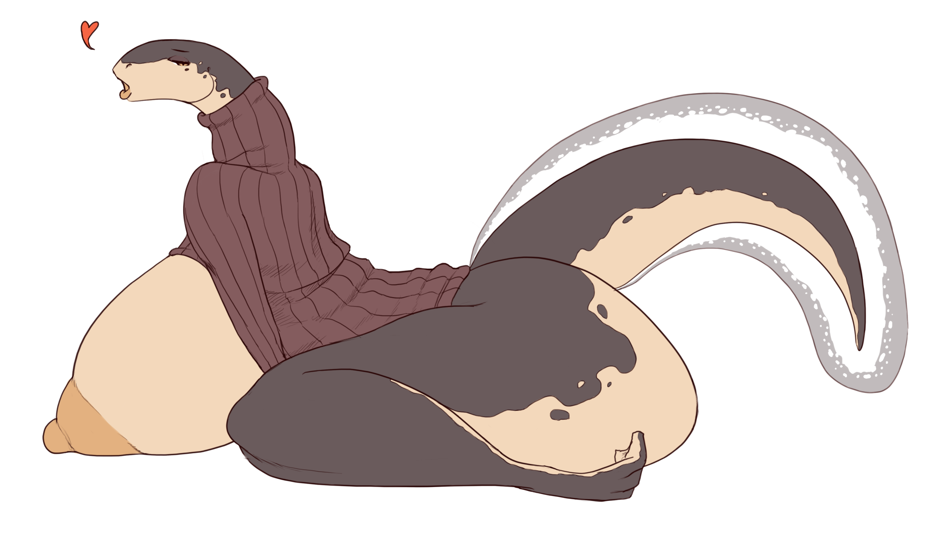 1girls, 2017, anthro, areola, ass, big ass, big breasts, big butt, bottomless, breasts, charlotte (kalnareff), clothed, clothing, eel, eyes closed, female, female only, fish, heart, hi res, huge ass, huge breasts, huge butt, kalnareff, marine, nipples, non-mammal breasts, orange nipples, raised tail, side boob, side view, simple background, solo, solo female, sweater, topwear, white background