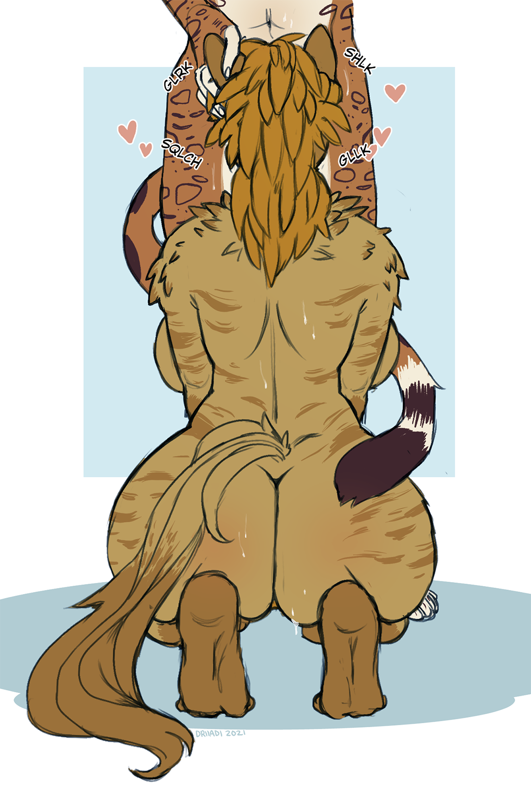 2021, anthro, ass, big ass, big breasts, big butt, blonde hair, bodily fluids, breasts, brown body, brown fur, curvy figure, deepthroat, driiadi, duo, felid, feline, fellatio, female, female penetrated, fluffy, fluffy tail, fur, fur pattern, gagging, gnoll, hair, hand on head, head grab, heart, hi res, huge breasts, hyaenid, hyena, implied fellatio, implied oral, kneeling, leo pardalis, leopardus, male, male penetrating, male penetrating female, male/female, mammal, mane, nude, ocelot, oral, penetration, penile, penis, rear view, ria (gnoll), sex, sound effects, spots, sweat, tail, tail curl, thick thighs, voluptuous, wide hips