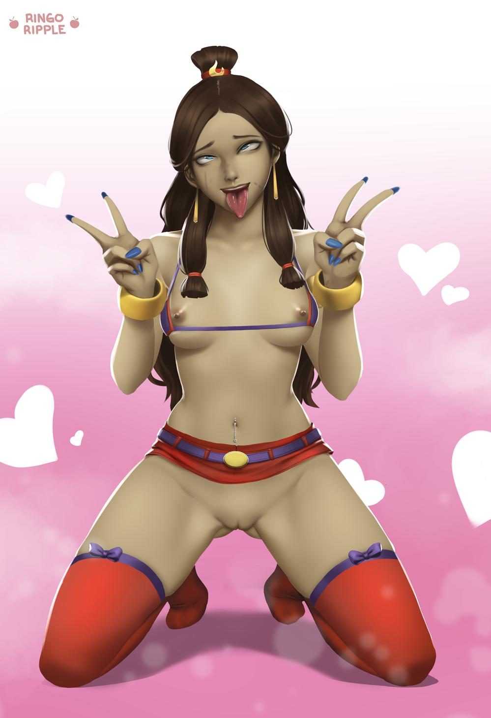 1girls ahe_gao armlet avatar_the_last_airbender beltskirt blue_eyes blue_nails bra bra_pull bracelet breasts brown_hair clothing dark-skinned_female dark_skin double_v earrings foreskin hair_tubes katara kneeling nail_polish navel_piercing nickelodeon nipples no_panties piercing pink_background red_legwear ringoripple skirt skirt_lift small_breasts solo solo_focus stockings straight_hair thighhighs tongue tongue_out tri_tails v very_long_hair