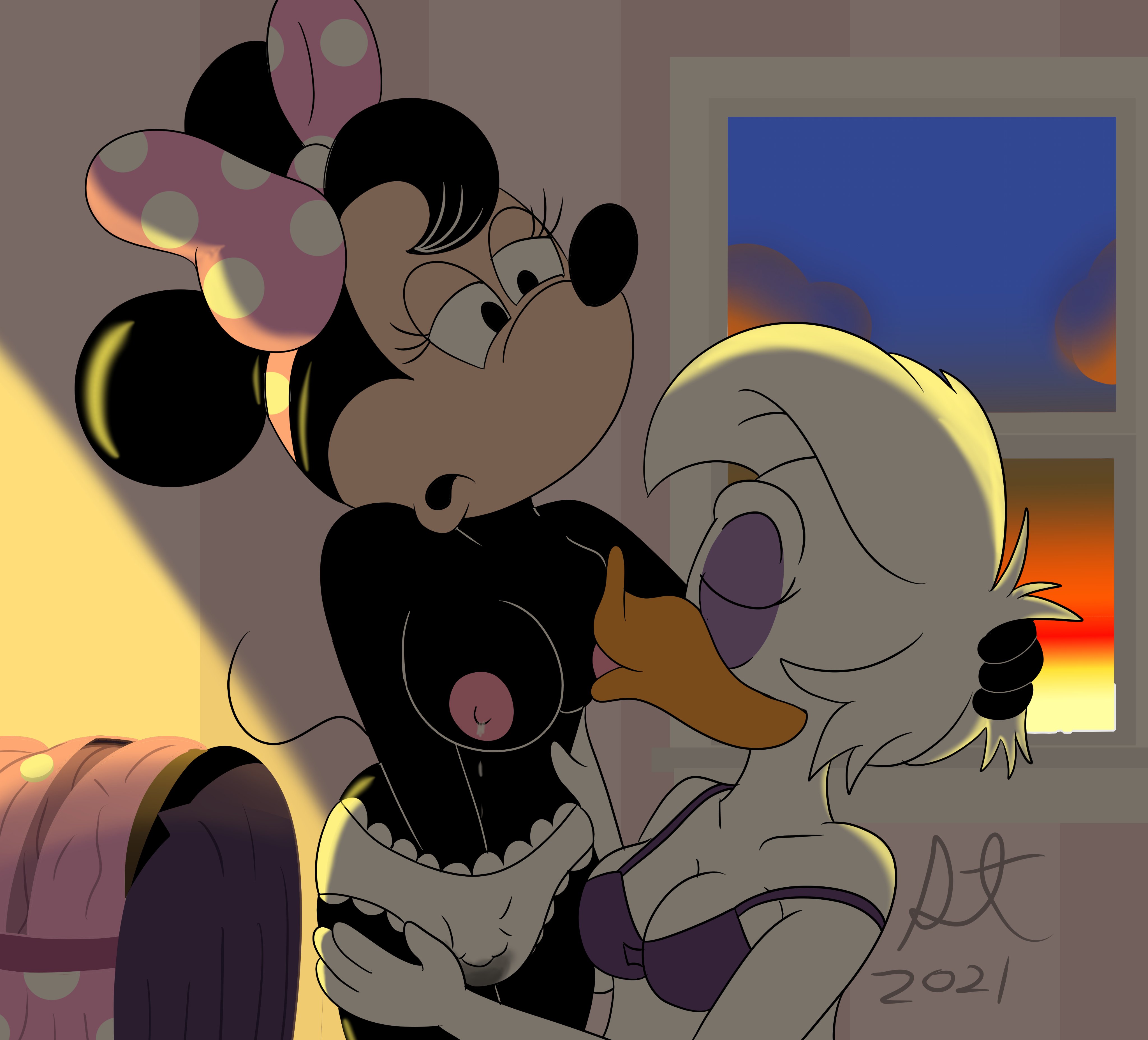 2girls, alternate breast size, avian, breast sucking, breastfeeding, breasts, daffytitanic, daisy duck, disney, duck, female, female only, female/female, furry, lesbian, minnie mouse, mouse, nipples, partially clothed, pussy, soft feathers, vaginal fingering, vaginal masturbation, yuri