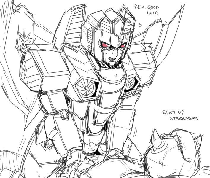 angry bumblebee bumblebee_(transformers) dialogue eye_contact hands_on_belly heart red_eyes riding sketch starscream transformers transformers_g1 wings yaoi