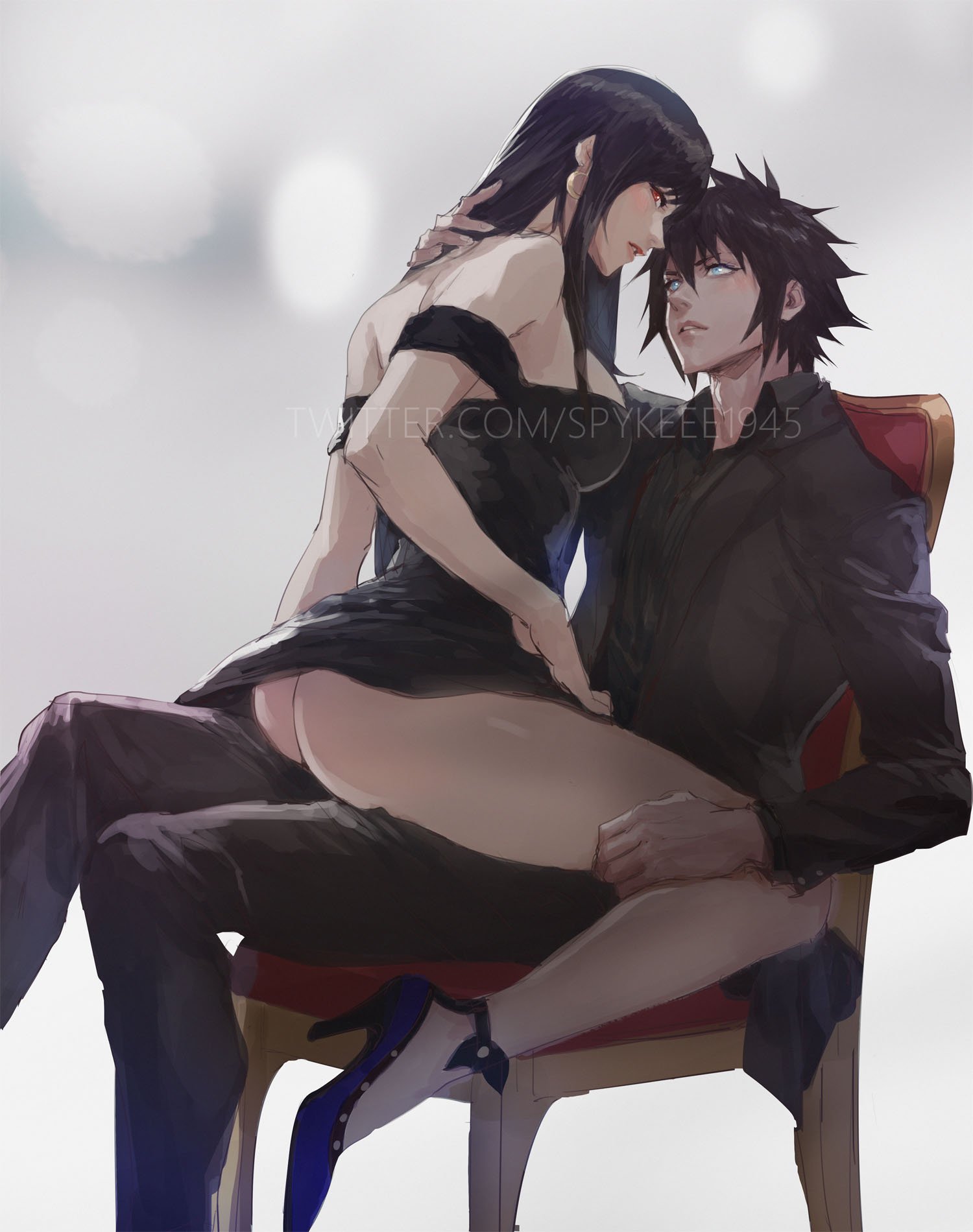 1boy, 1girls, ass, ass cheeks, bare ass, big breasts, black clothing, black dress, black hair, blue eyes, breasts, clothed male, crossover, dissidia final fantasy, female, final fantasy, final fantasy vii, final fantasy xv, high heels, light skin, light-skinned male, male, male/female, noctis lucis caelum, on chair, on lap, red eyes, sensual, sitting on lap, spykeee, straight, tifa lockhart