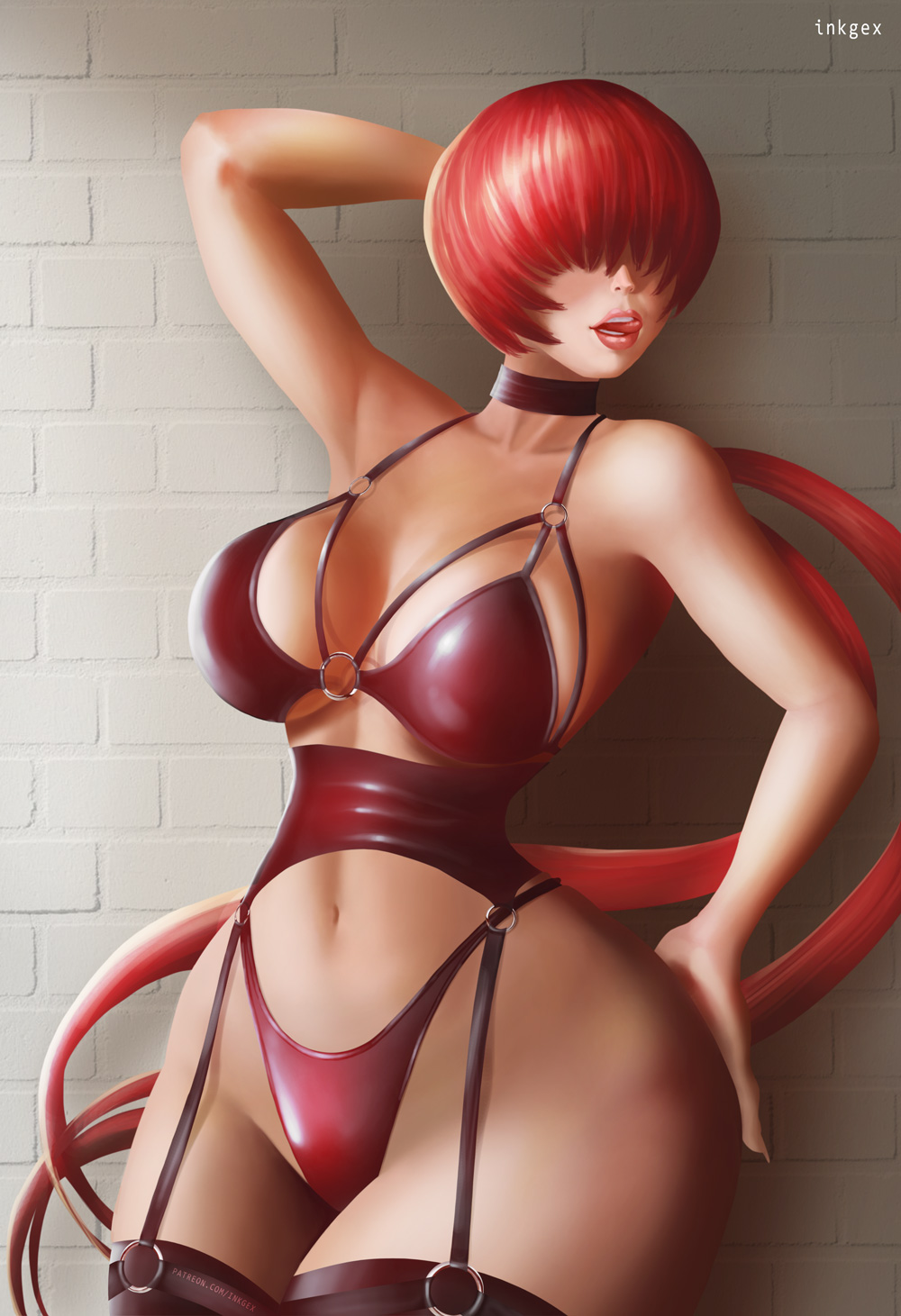 1girls against_wall armpit choker curvy garter_belt garter_straps hair_over_eyes hand_behind_head hand_on_ass inkgex king_of_fighters leaning_against_wall lingerie pinup pose red_bra red_choker red_corset red_garter_straps red_hair red_lingerie red_thighhighs red_thong shermie_(kof) snk solo standing thick_thighs thighhighs tongue tongue_out very_long_hair wide_hips