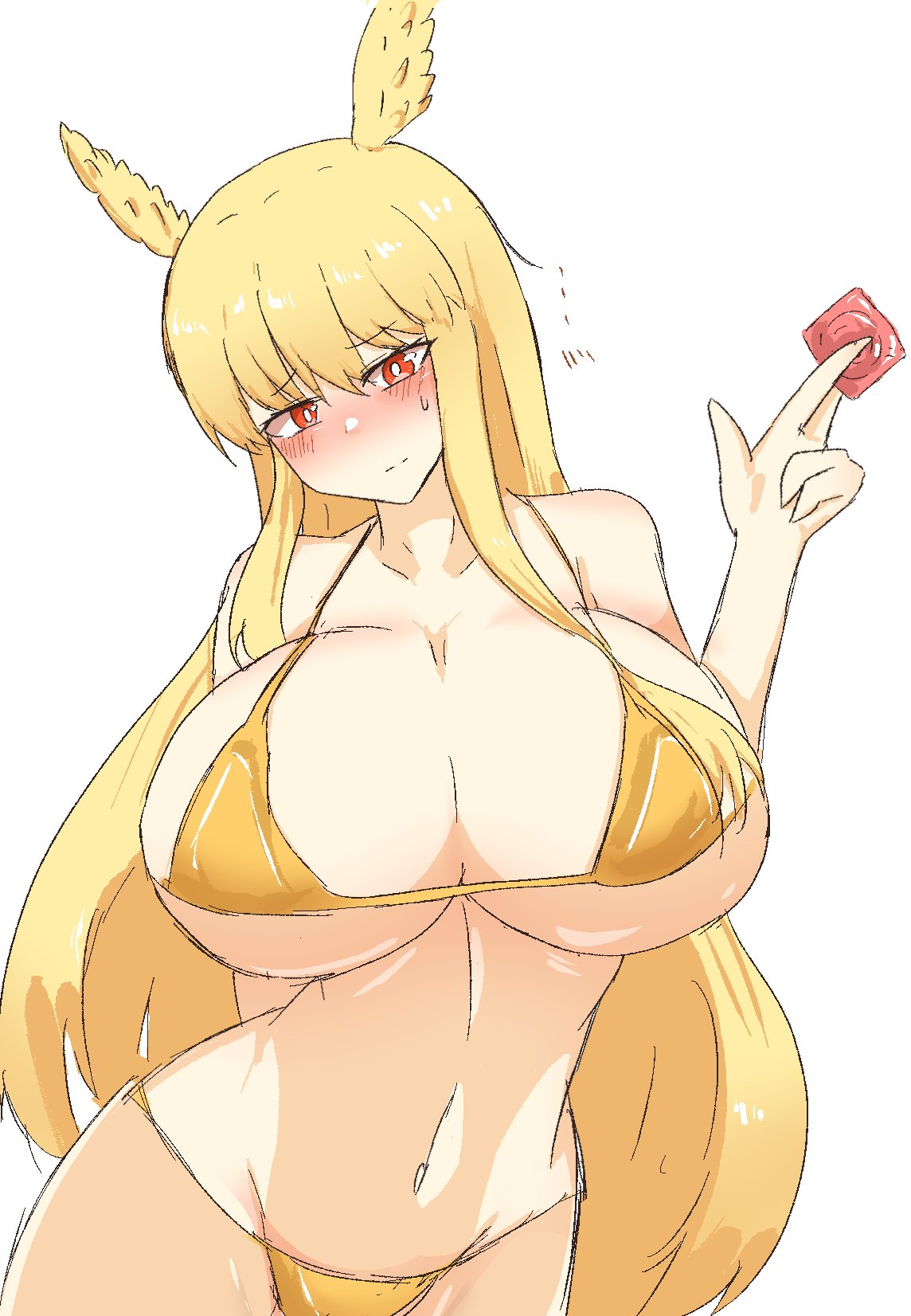 1girls arm_behind_back bangs bikini blonde_hair blush breasts collarbone condom eyebrows eyebrows_visible_through_hair eyelashes eyelashes_visible_through_hair fate/grand_order fate_(series) female hair_between_eyes hair_ornament head_wings large_breasts long_hair red_eyes sidelocks skeletons62 sweatdrop thin_eyebrows thrud_(fate) valkyrie_(fate) wings wings_on_head