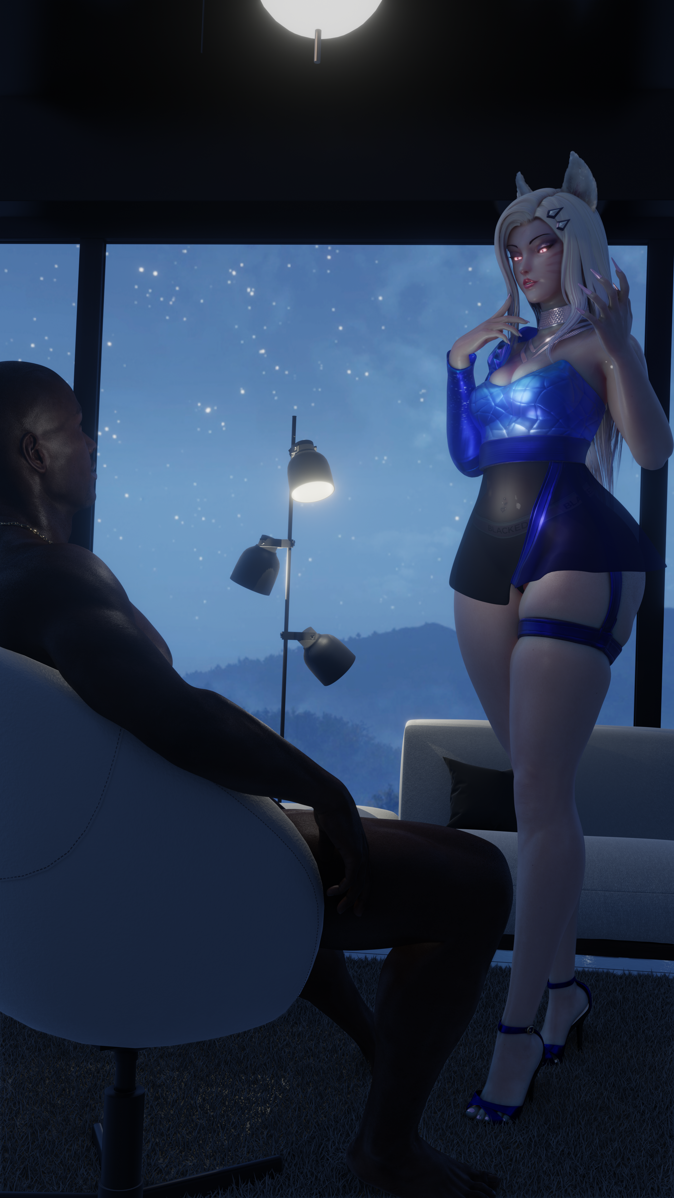 1boy, 1girls, 3d, ahri, chaunguyen, claws, dark skin, dark-skinned male, female, fox ears, glowing eyes, heels, high heels, interracial, k/da ahri, k/da series, league of legends, light skin, light-skinned female, male, see-through clothing, shoes, thigh strap