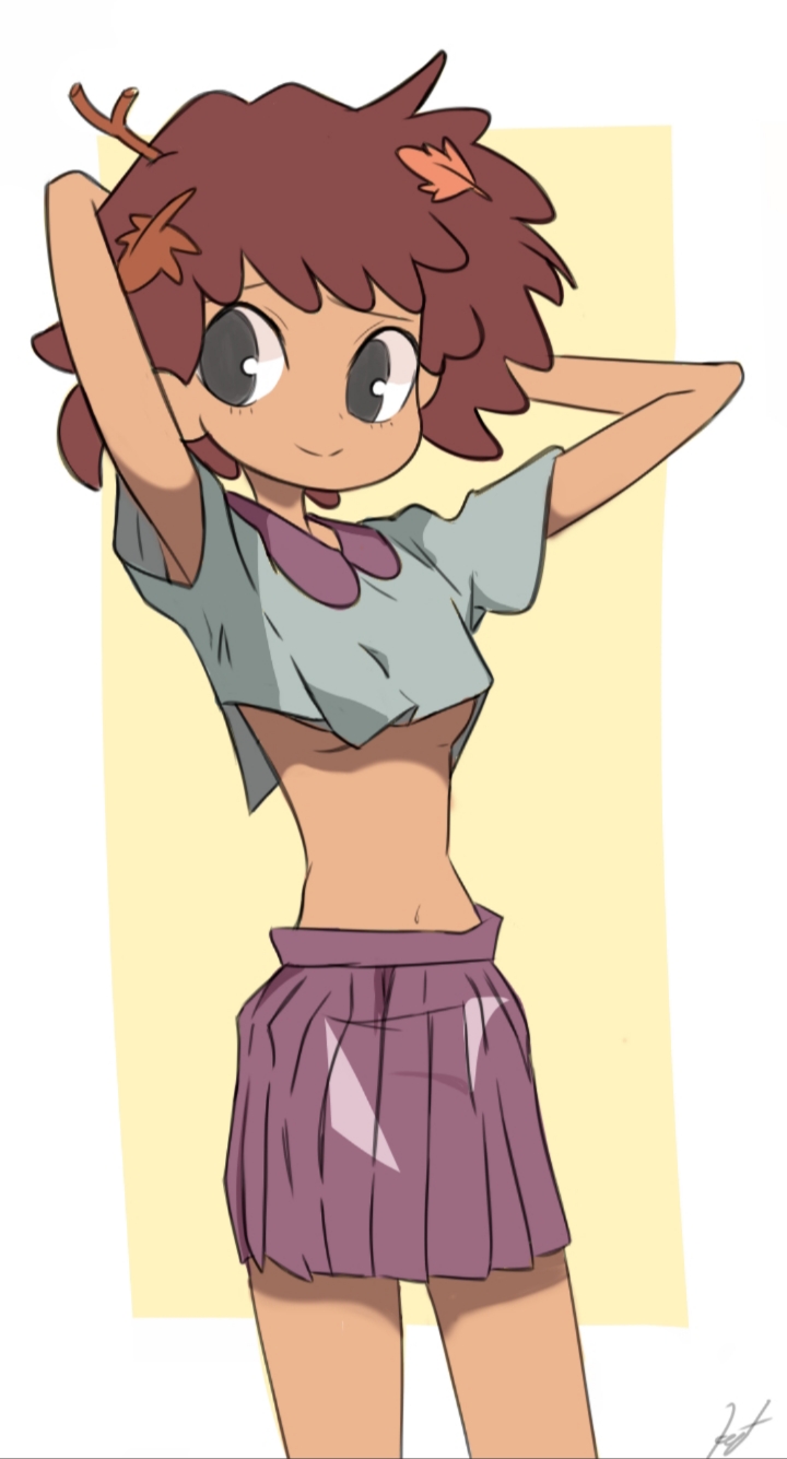 1girls, amphibia, anne boonchuy, artist request, breasts, brown hair, cute, dark skin, dark-skinned female, disney, disney channel, female, female only, leaves, leaves in hair, midriff, no bra, saint james school uniform, school uniform, schoolgirl, skirt, small breasts, solo, straight hair, teenage female, teenager, thai, underboob, young
