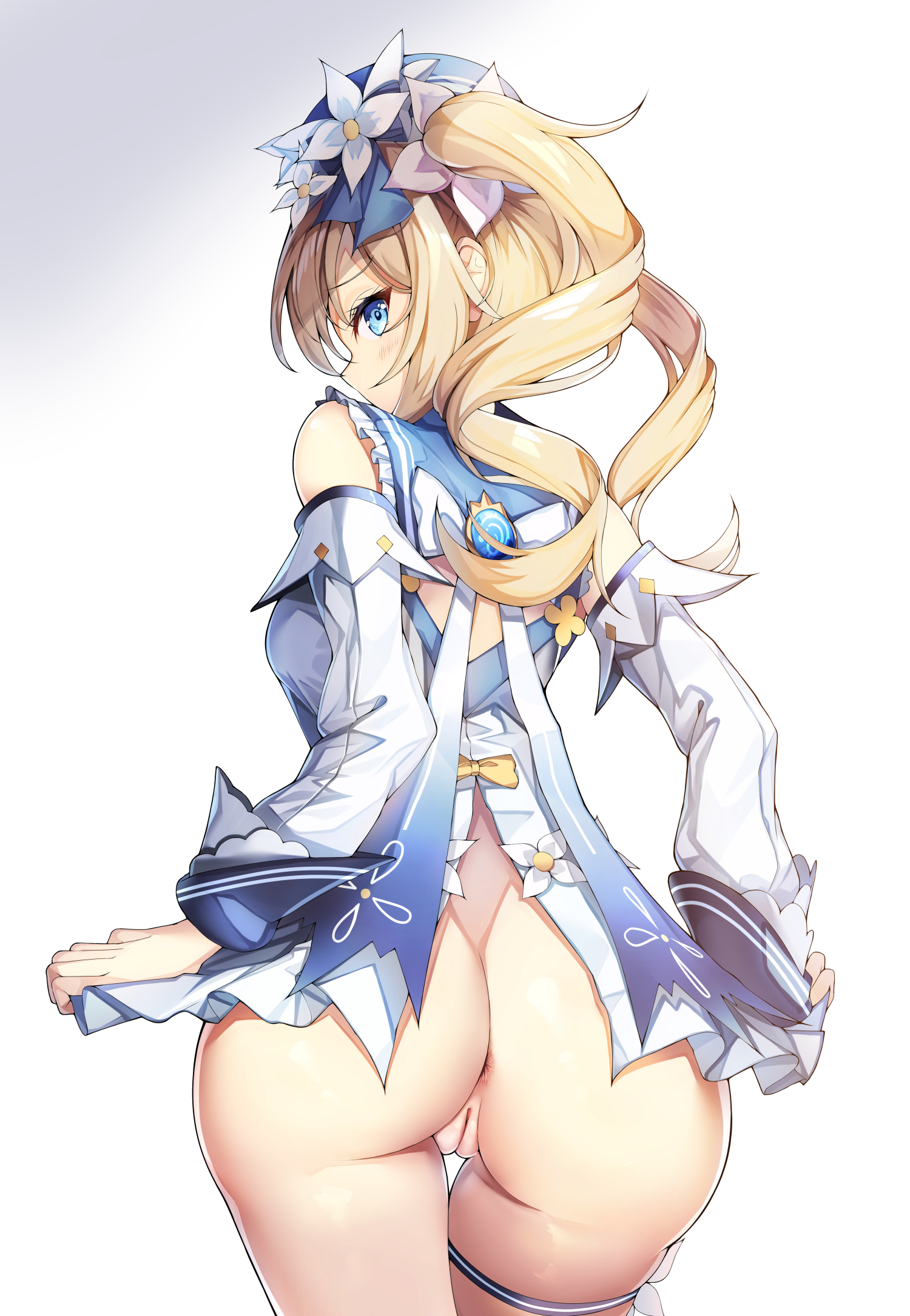 1girls, alternate costume, anus, ass, ass focus, back view, barbara (genshin impact), barbara (summertime sparkle) (genshin impact), blonde hair, blue eyes, bubble ass, bubble butt, exposed ass, female, female only, from behind, genshin impact, looking at viewer, nun, pussy, sob (submar1089), swimsuit, thigh gap, twintails, uncensored, wide hips