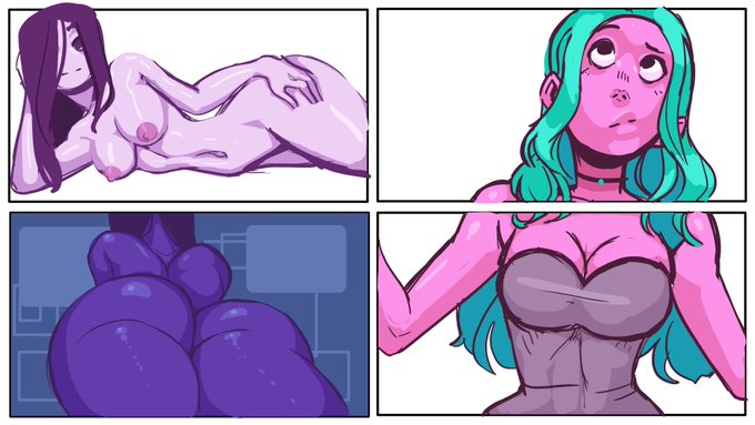 3girls aqua_hair ass bellamenta_(telepurte) big_breasts big_butt breasts confused fat_ass female green_hair happy multiple_girls nila_(telepurte) telepurte