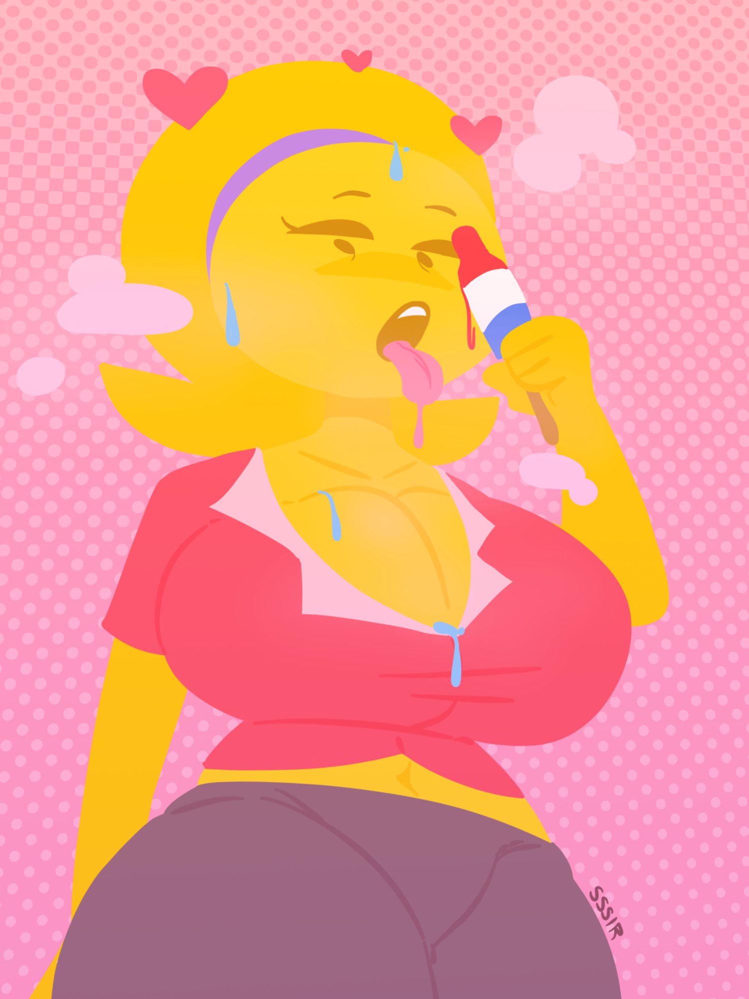 1girls, anthro, belly button, big breasts, breasts, cleavage, emoji (race), emoji milf, emojifam (sssir8), female, female only, huge breasts, large breasts, licking popsicle, mature, mature female, milf, mob face, mother, navel, no outlines, popsicle, sexually suggestive, slobbyslapper, sssir, sssir8, steam, sweat, thick thighs, tight clothing, tight pants, tight shirt, top heavy, wide hips, yellow body, yellow hair, yellow skin