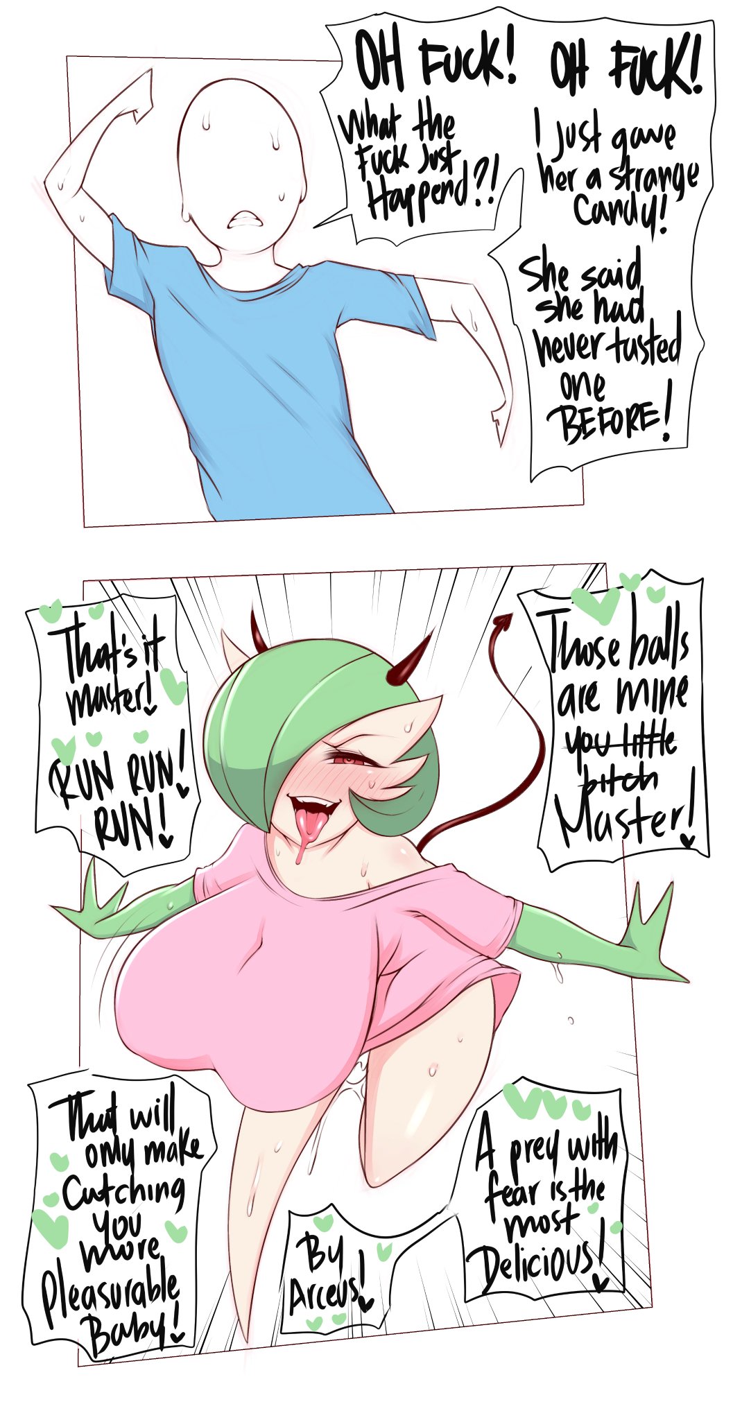 anthro, big breasts, blush, blushing, breasts, curvy, demon, english text, female, female pokemon, gardevoir, green hair, heart, horny, huge breasts, pokémon (species), pokemon, pokemon (species), red face, running, saltyxodium, succubus, text, thighs, tongue, tongue out, voluptuous