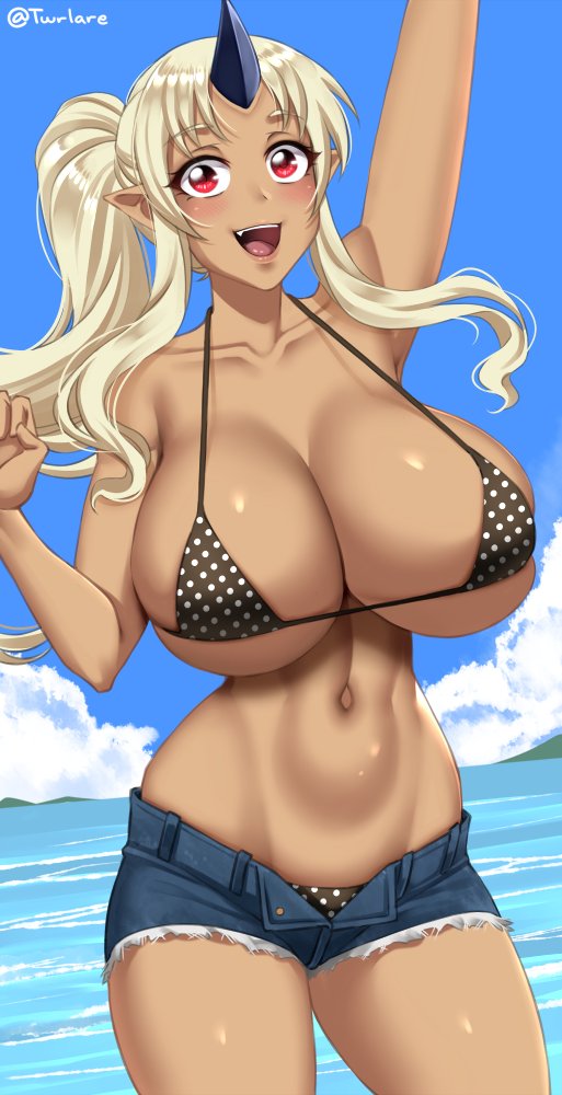 1girls, bikini, bikini top, breasts, cleavage, female, female only, horn, huge breasts, humanoid, long hair, looking at viewer, monster girl, monster musume no iru nichijou, oni, pointy ears, ponytail, red eyes, short shorts, solo, tanned skin, tionishia, twrlare, unbuttoned shorts