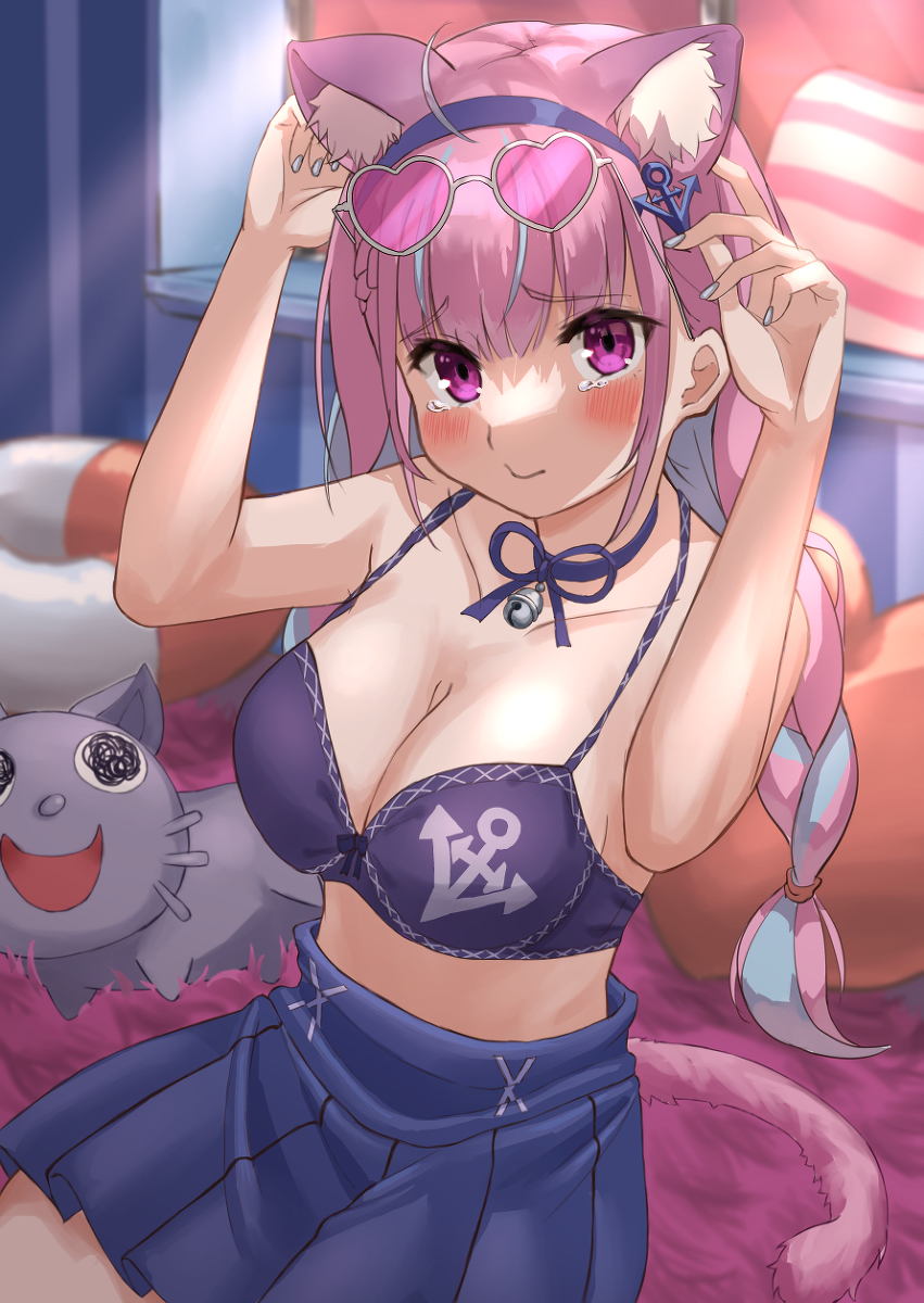 bell, blush, bra, breasts, cat ears, cat girl, catgirl, cleavage, crying, cute, eyewear on head, female, fingernails, headband, hololive, hololive gen 2, hololive japan, large breasts, minato aqua, nail polish, necktie, pout, purple eyes, purple hair, ribbon, skirt, sunglasses, sunglasses on head, tail, thin waist, virtual youtuber