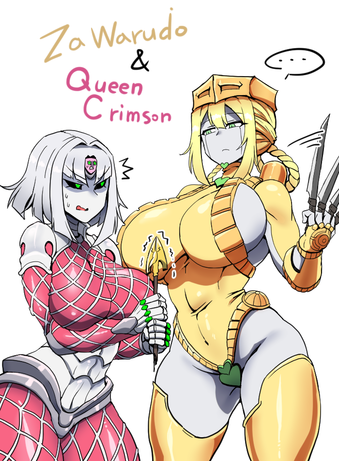 ... 2021 2girls big_breasts black_eyes blonde_hair breasts duo female green_sclera grey hi_res highres humanoid jojo's_bizarre_adventure king_crimson leotard looking_at_another mannungei queen_crimson rule_63 shounen_jump sideboob stand_(jjba) stand_arrow stardust_crusaders sweat the_world throwing_knife vento_aureo