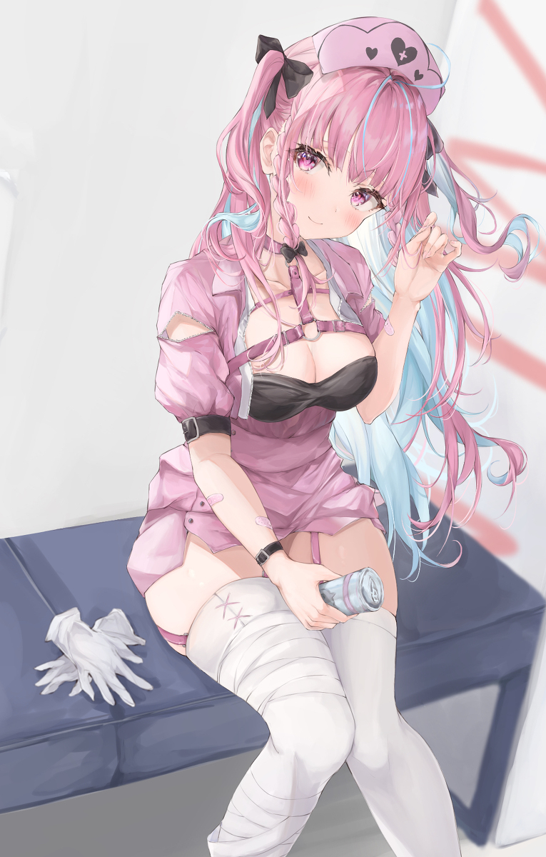 absolute territory, blue hair, blush, breasts, drink, female, gloves, hair ribbon, hololive, hololive gen 2, hololive japan, large breasts, minato aqua, multicolored hair, nurse, nurse cap, nurse uniform, purple eyes, purple hair, smile, smiling, straps, thigh strap, thighhighs, thighs, tied hair, tights, touching hair, virtual youtuber