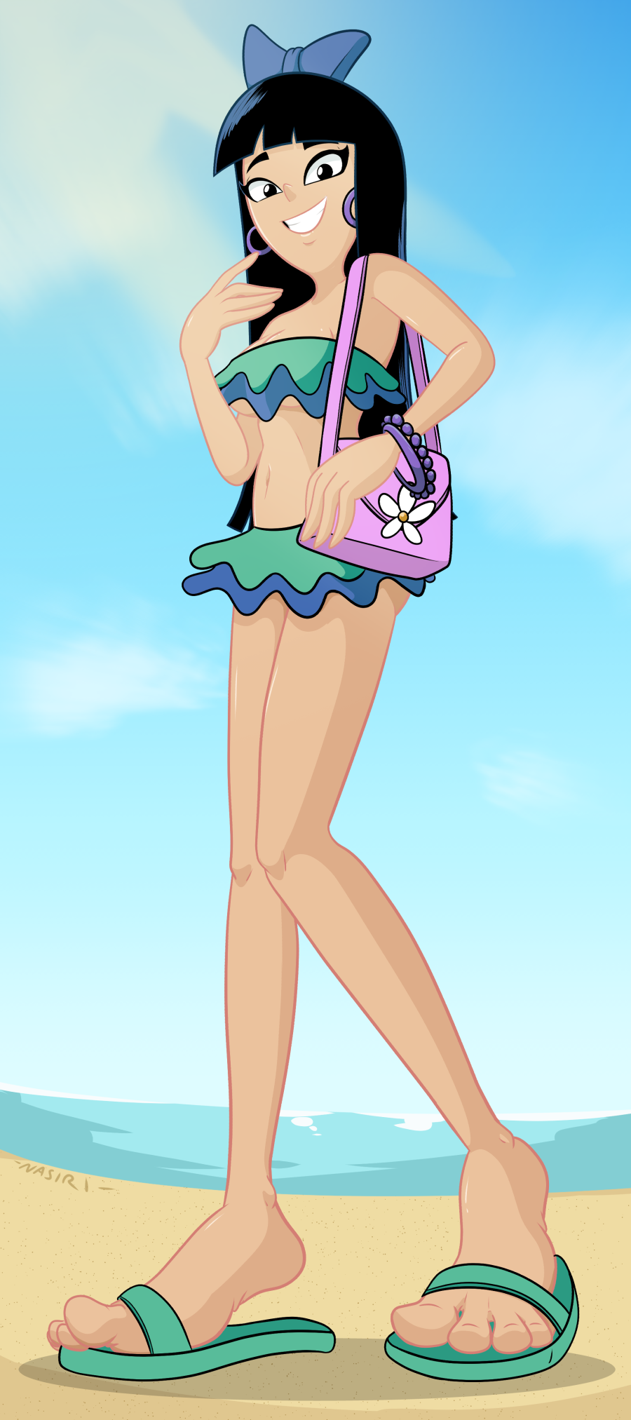 1girls bathing_suit beach black_hair bow bracelet female female_only flip_flops foot_fetish footwear long_legs nasiri_(artist) open_toe_shoes phineas_and_ferb purse sandals solo stacy_hirano swimsuit