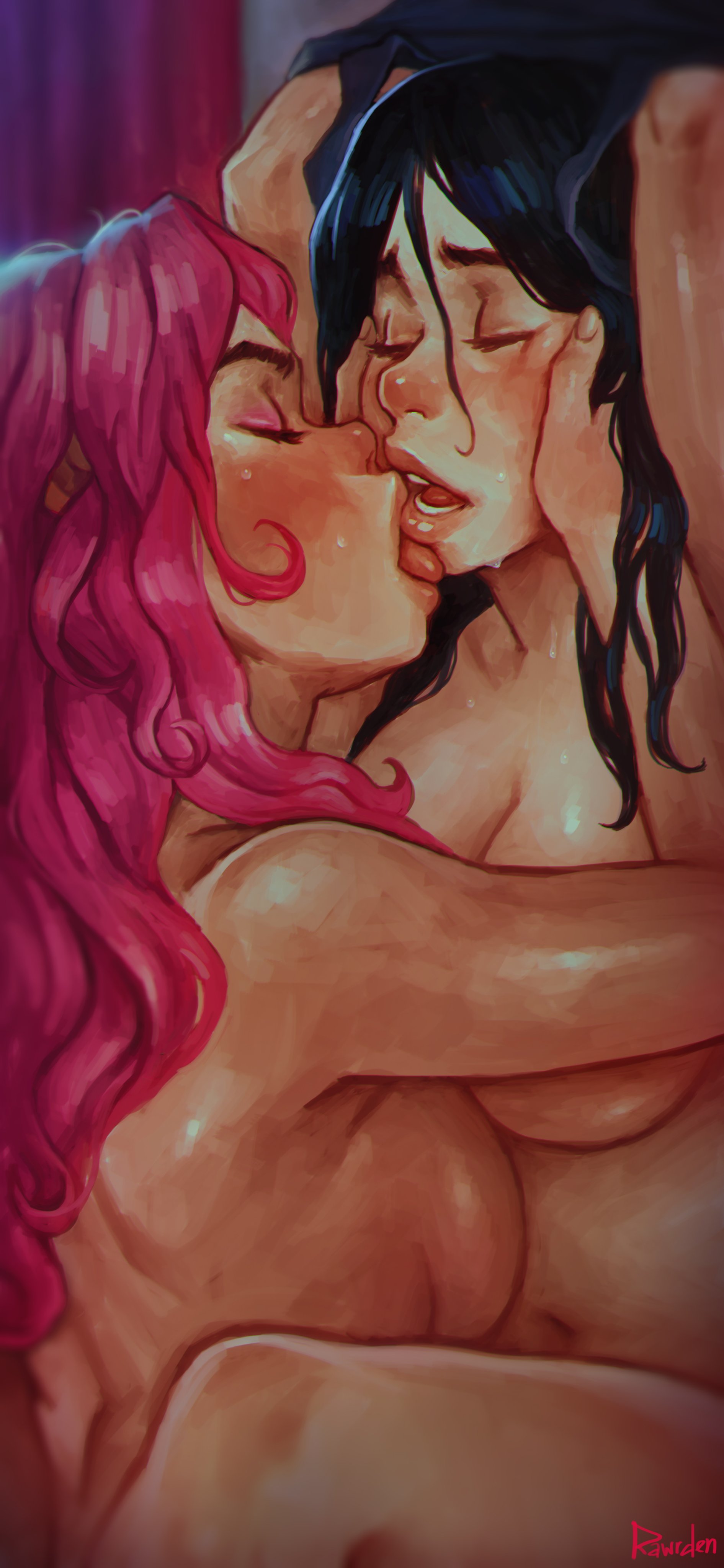 2girls, big breasts, breasts, eyelashes, eyeliner, eyeshadow, female, female only, hi res, kissing, large breasts, lipstick, long hair, makeup, medium breasts, multiple females, multiple girls, nude, rawrden, sweat, tongue, tongue out, yuri
