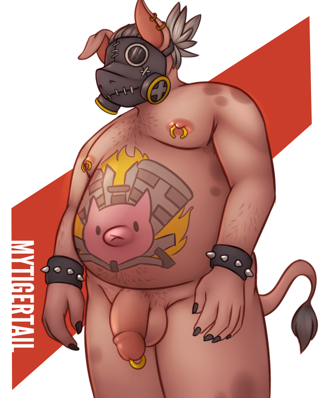 balls blizzard_entertainment body_hair chest_hair chub_(disambiguation) chubby_male domestic_pig genitals hairy male male_only mammal mytigertail nipple_piercing nipples overwatch overweight overweight_male penis piercing roadhog solo suid suina sus_(pig) tattoo twintails video_games