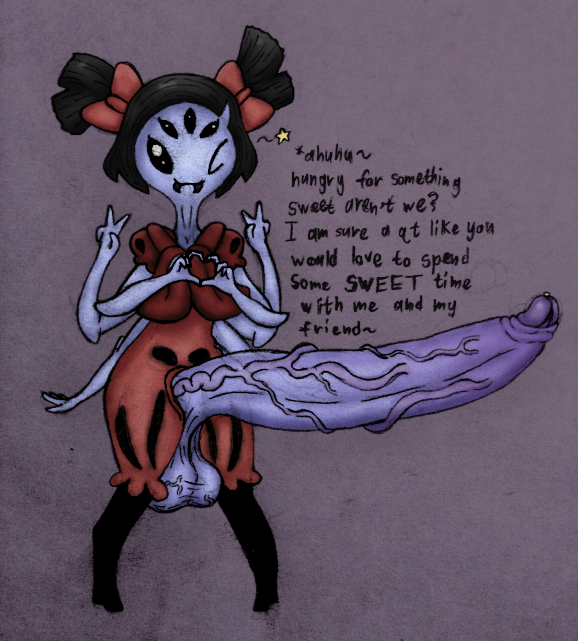 1futa, balls, big balls, big penis, clothed, colored, dialogue, edit, erection, female, furry, futa only, futanari, gigaboy, heart hands, huge balls, huge cock, humanoid, humanoid penis, hyper, hyper penis, intersex, monster girl, muffet, multi arm, multi limb, peace sign, pencil (artwork), penis, penis out, purple skin, sagging balls, solo, spider girl, text, traditional media (artwork), undertale, veiny penis