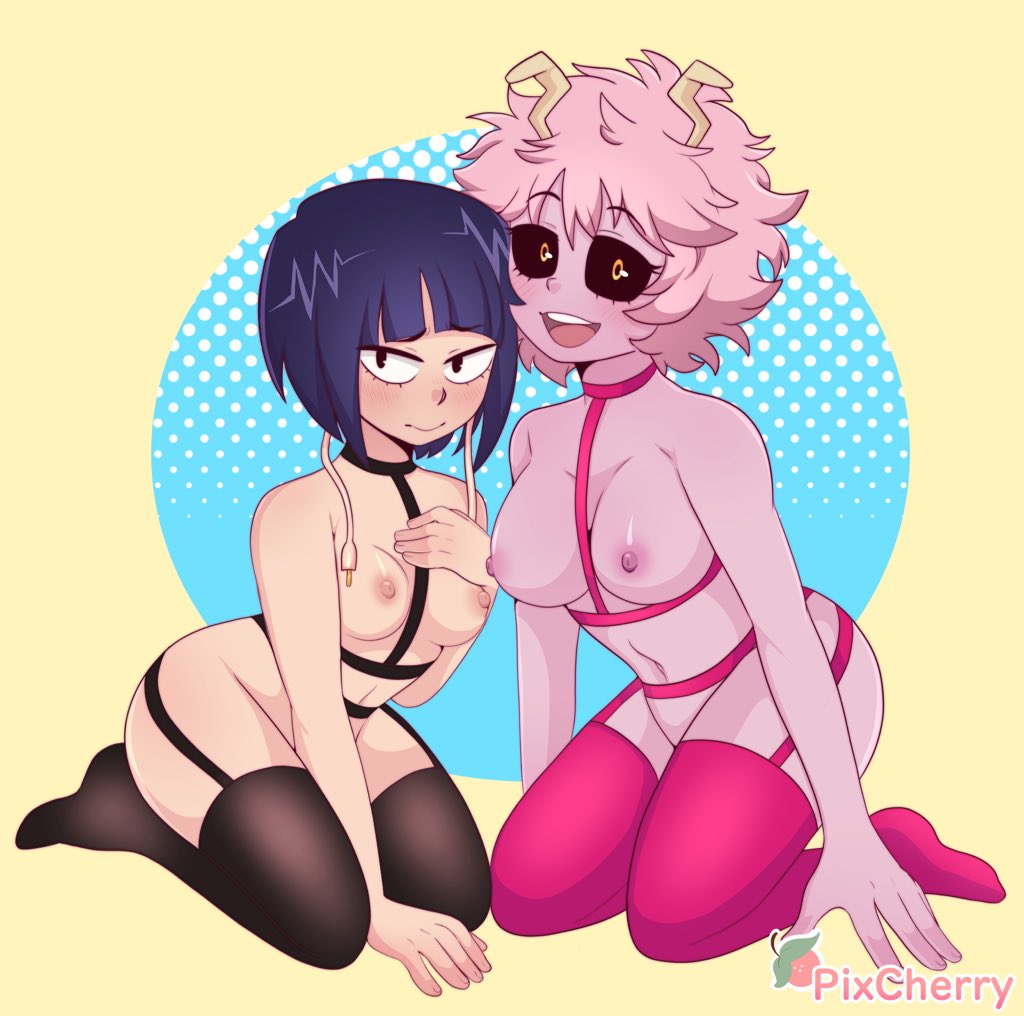 2girls artist_name bangs black_eyes black_legwear black_sclera blunt_bangs breasts cherrypix earphones embarrassed female female_only garter_straps gradient_background jpeg_artifacts kyoka_jiro looking_at_viewer looking_away mina_ashido multiple_girls my_hero_academia nipples open_smile pink_hair pink_legwear pink_skin purple_hair short_hair short_pink_hair stockings yellow_eyes