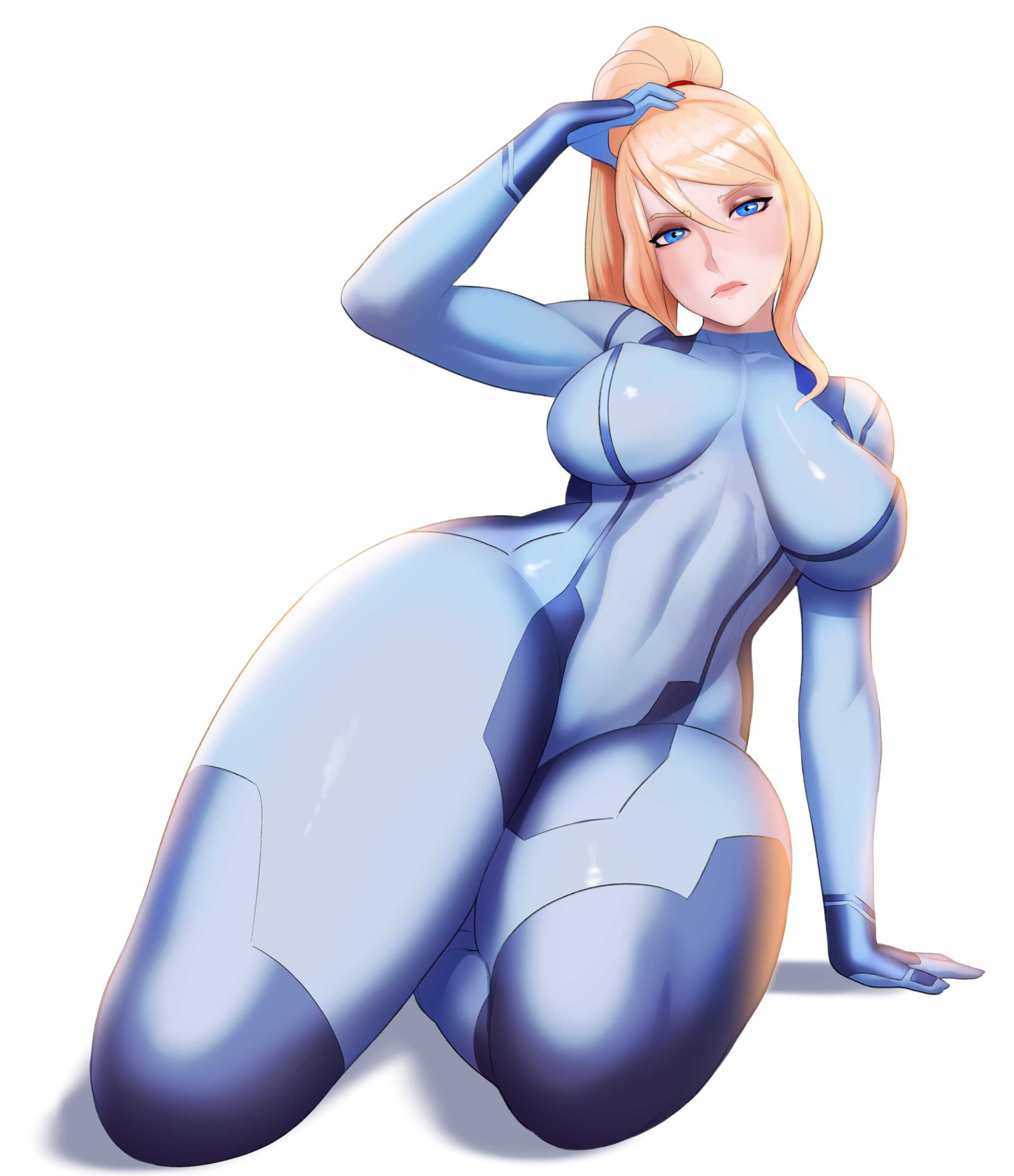 1girls, big breasts, bimbo, blonde hair, blue eyes, bodysuit, breasts, female, female only, large breasts, long hair, metroid, popogori, samus aran, solo, thick thighs, tight clothing, voluptuous, wide hips, zero suit, zero suit samus