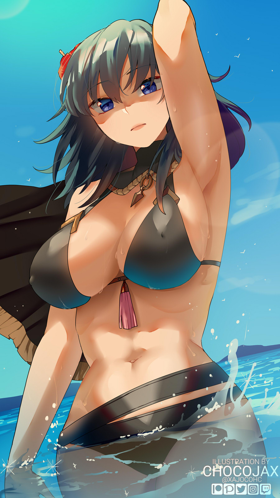 1girls alternate_costume ass_visible_through_thighs beach bikini black_bikini black_swimsuit blue_eyes blue_hair breasts byleth_(fire_emblem) byleth_(fire_emblem)_(female) byleth_(summer)_(fire_emblem)_(female) cape chocojax female fire_emblem fire_emblem:_three_houses fire_emblem_heroes flower flower_in_hair hair_flower looking_at_viewer medium_hair necklace nintendo nipples_visible_through_clothing ocean official_alternate_costume outdoors soaked solo swimsuit sword water wet white_skin