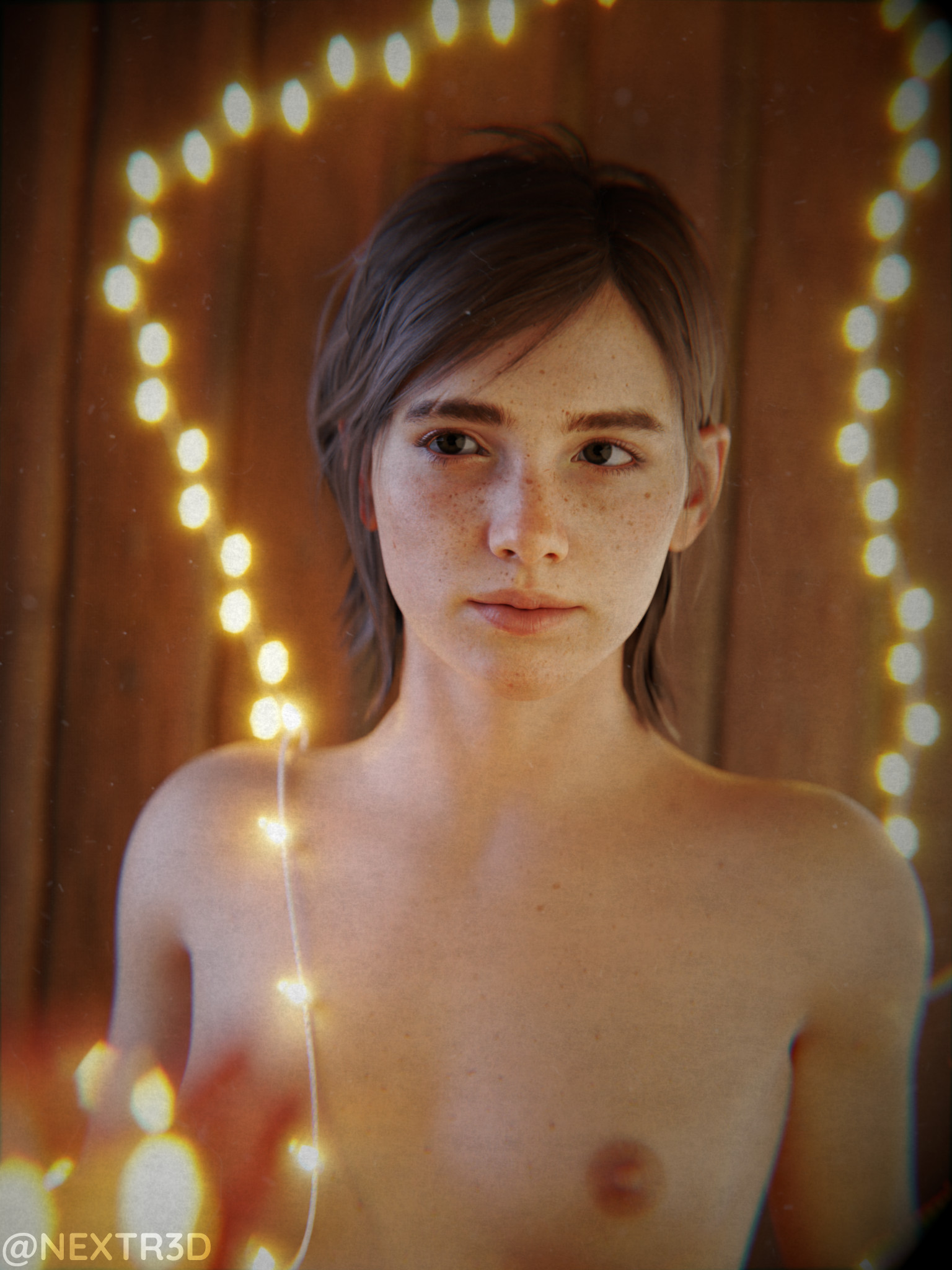 1girls, 3d, breasts, brown eyes, brown hair, ellie (the last of us), ellie williams, female, female only, freckles, naked, naughty dog, nextr3d, pinup, small breasts, solo, solo female, string lights, the last of us, the last of us 2