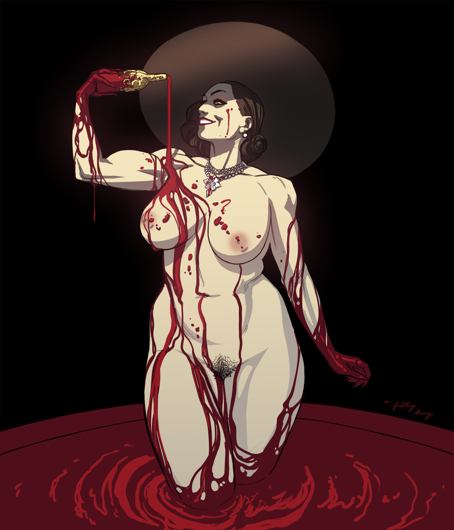 1girls, alcina dimitrescu, blood, blood bath, breasts, covered in blood, female, functionally nude, hairy, hat, krisanka, large breasts, necklace, nipples, nude, pubic hair, resident evil, resident evil 8: village, smiling, solo, tagme, vampire