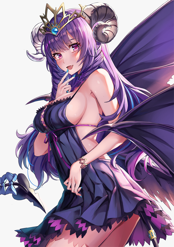 apple_(luffy123) backless_outfit bare_shoulders blush bow bracelet cleavage demon_girl demon_horns demon_tail demon_wings dress horns jewelry large_breasts long_hair looking_at_viewer luffy123 nail_polish open_mouth original purple_hair ribbon sleeveless smile sol tail tiara wings