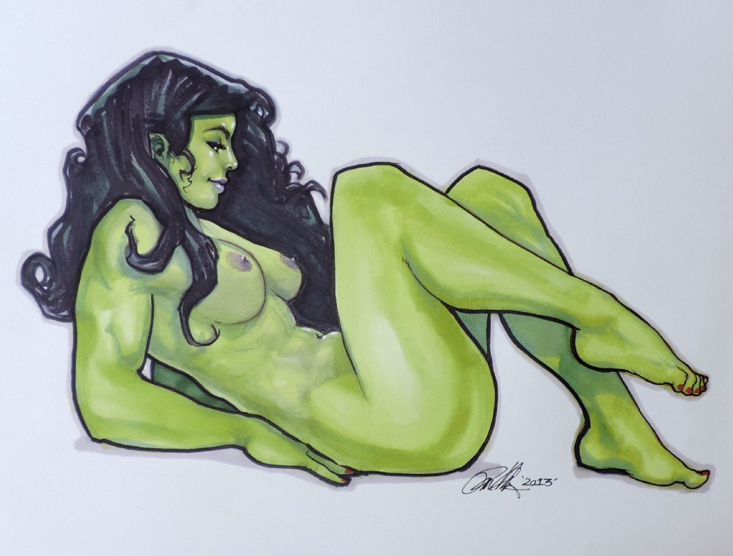 1girls 2013 artist_name artist_signature big_breasts black_hair breasts color drawn feet female female_only green_skin hulk_(series) legs marvel marvel_comics nipples painted_nails painted_toenails pinup_(style) raul_valenzuela she-hulk simple_background solo tagme thick thick_legs thick_thighs thighs