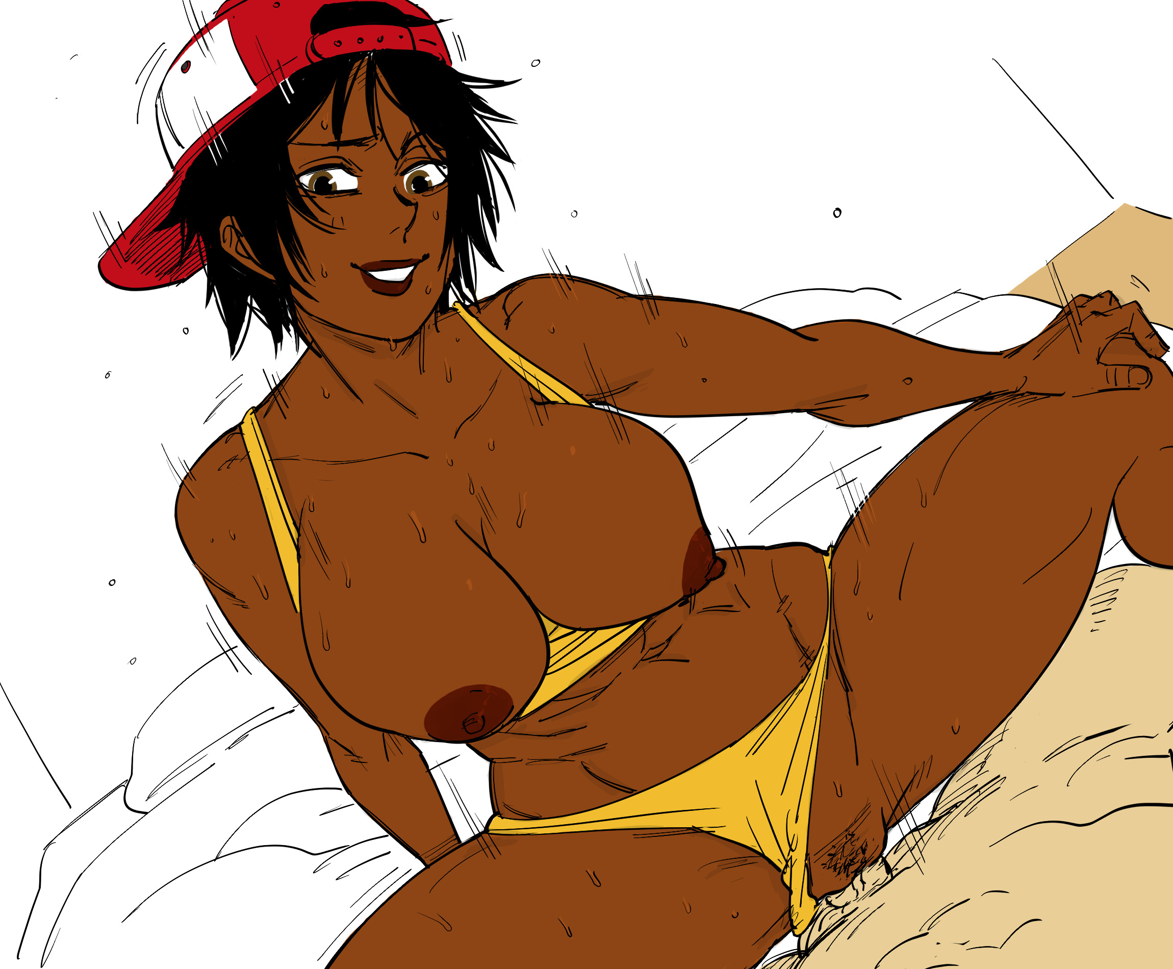 1boy, backwards hat, baseball cap, bb (baalbuddy), bedroom, bouncing breasts, breasts, brown skin, colored, cowgirl position, dark skin, dark-skinned female, dutch angle, edit, female, hat, indoors, large breasts, male, maximum strike edit, nipples, on bed, panties aside, penis, pov, pussy, sex, short hair, solo focus, sports bra, straddling, straight, sweat, thick thighs, third-party edit, tomboy, vaginal penetration