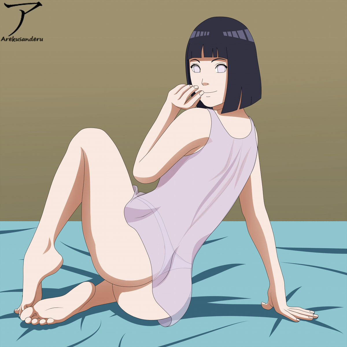 adult, arekusanderu, ass, barefoot, bed, bedroom, bedsheets, black hair, boruto: naruto next generations, commission, feet, feet together, female, female only, full body, grey eyes, hinata hyuuga, hyuuga hinata, inviting, light skin, light-skinned female, lingerie, looking at viewer, milf, naruto, naruto (series), negligee, older female, on bed, outside, pale skin, pale-skinned female, purple hair, short hair, sitting, soles, solo, solo female, tagme, thong, toes, uzumaki hinata, white eyes