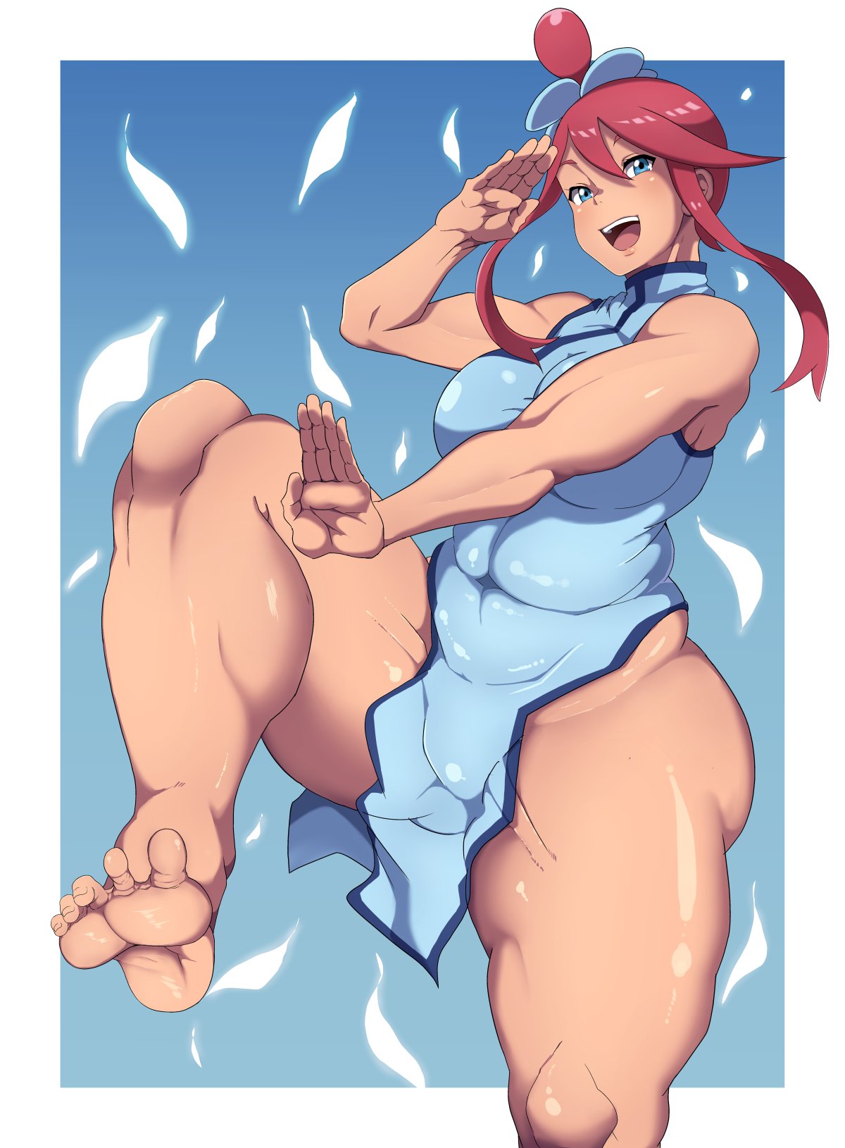 1girls alternate_breast_size barefoot big_breasts blue_eyes breasts chinese_clothes eye_contact feet female huge_breasts huge_thighs long_hair looking_at_viewer muscular muscular_female nintendo oryuto pokemon pokemon_bw red_hair skyla_(pokemon) venus_body voluptuous wide_hips